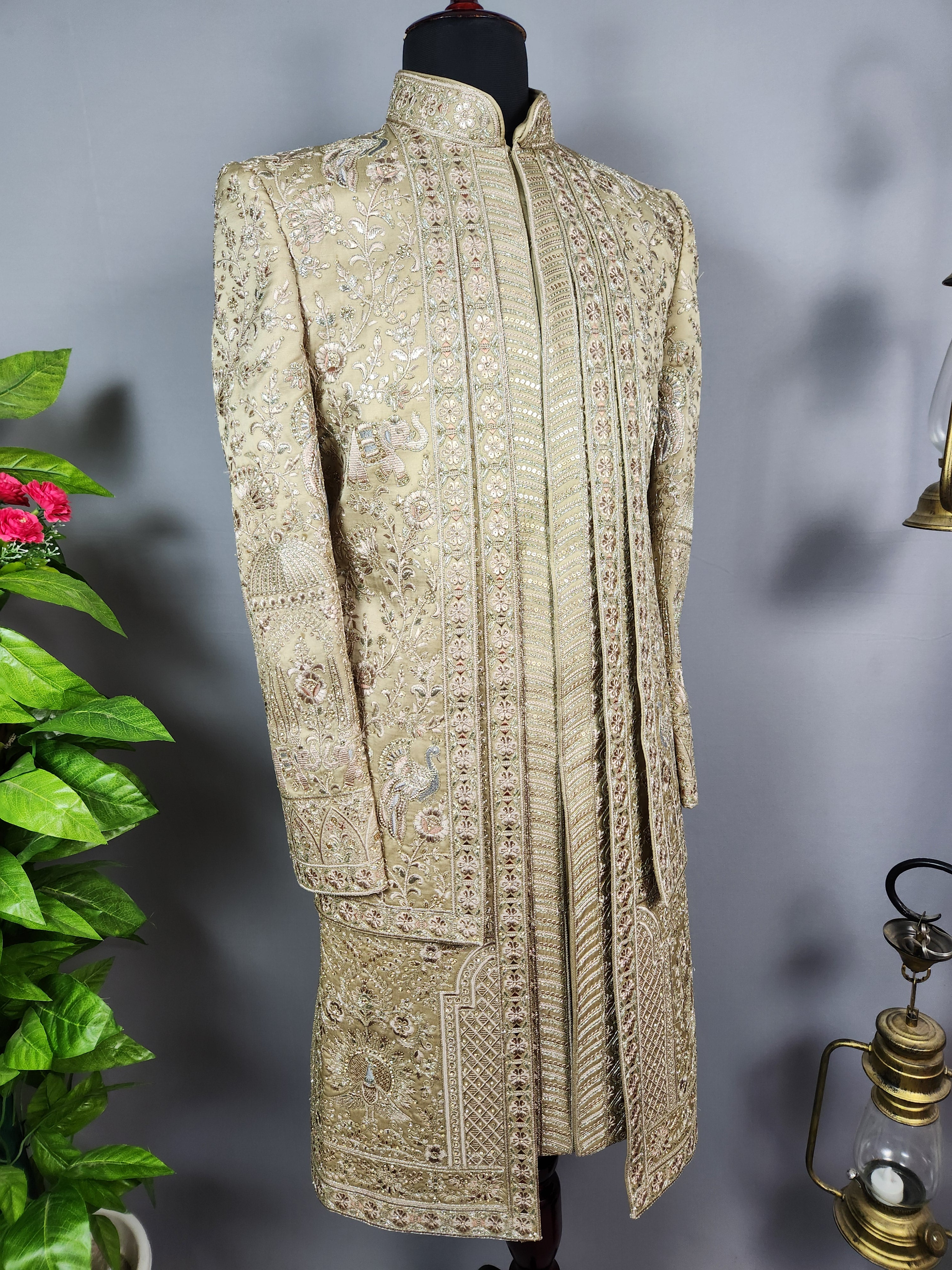 Copper Golden Groom Sherwani - Zari Embroidery| Sherwani For Men