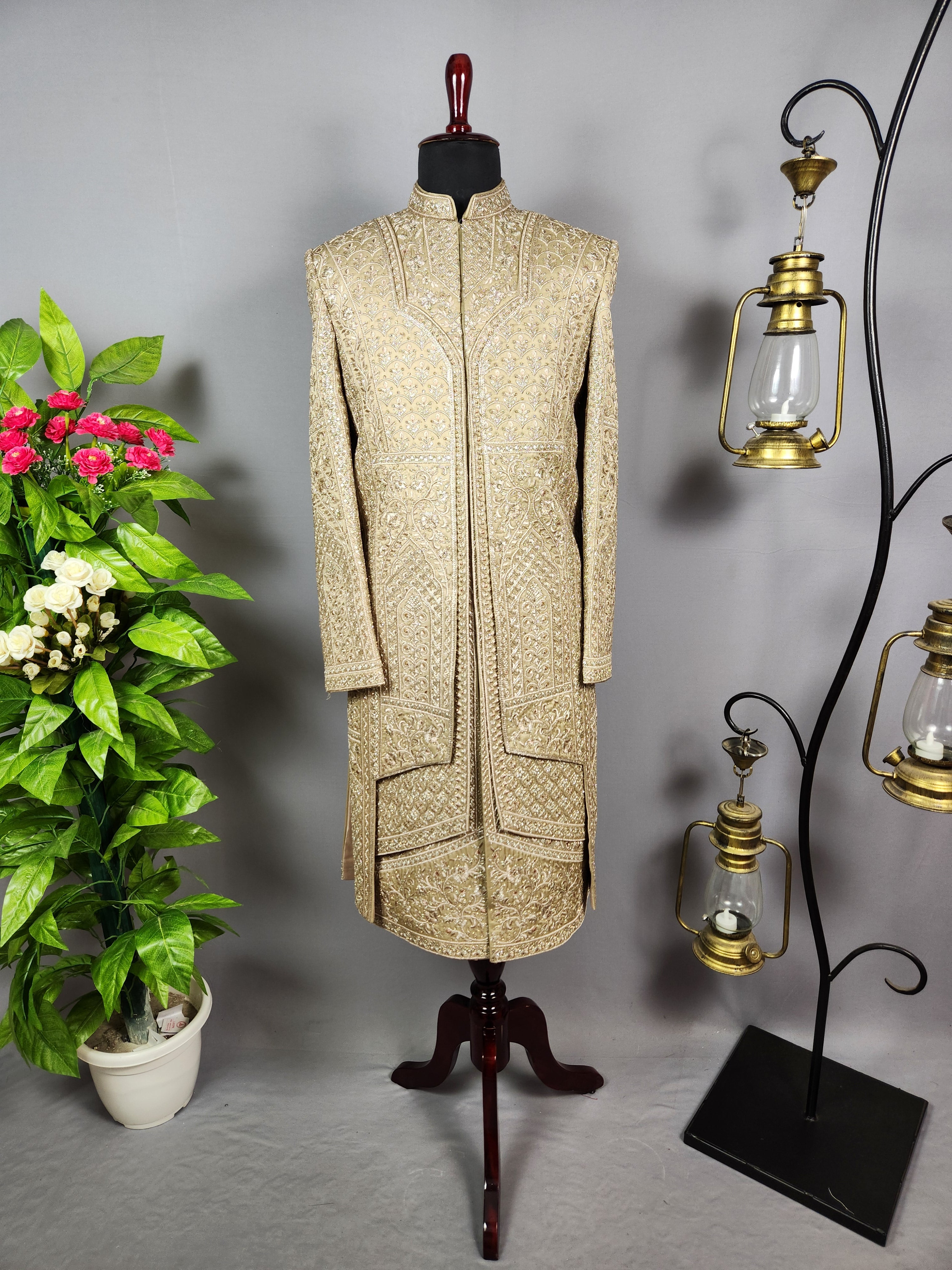 Copper Golden Groom Sherwani - Zari Embroidery| Sherwani For Men