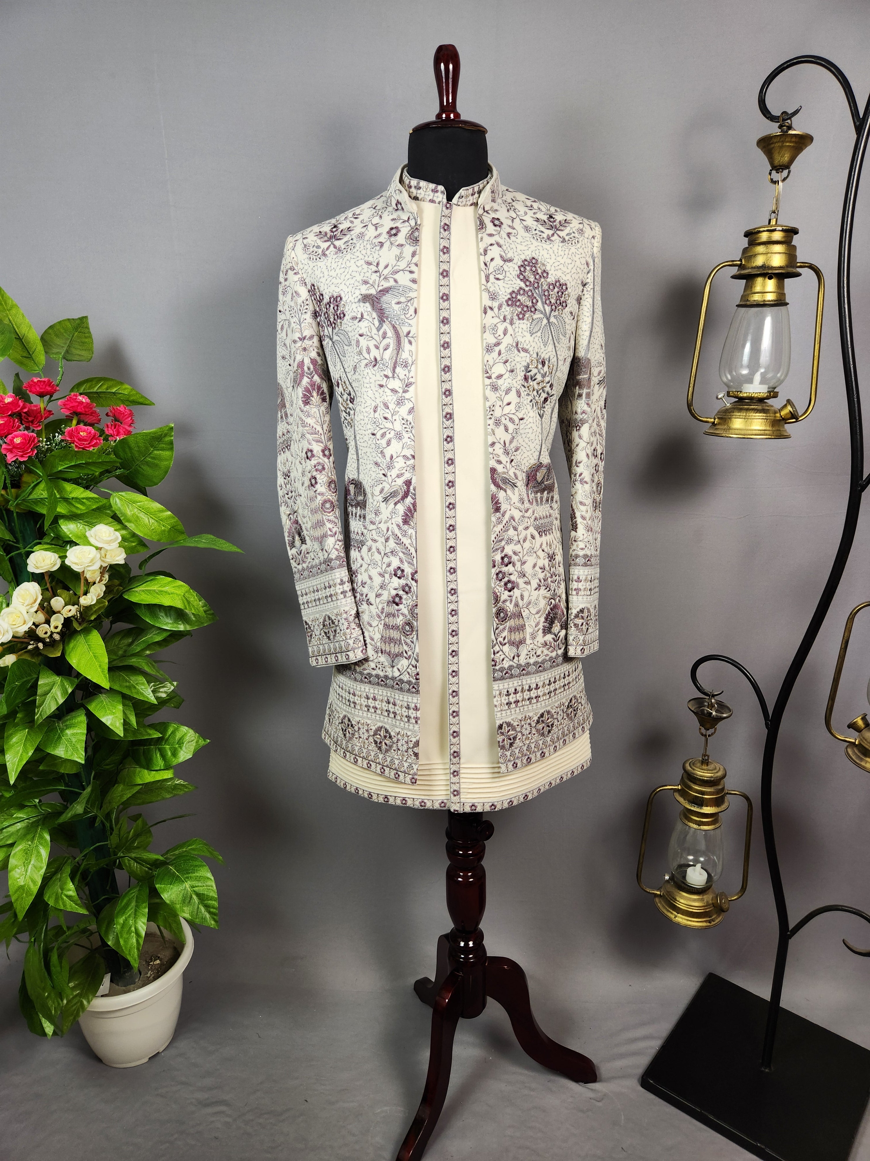 Beige Indo-Western Sherwani for Men | Indian Groom Wedding Outfit