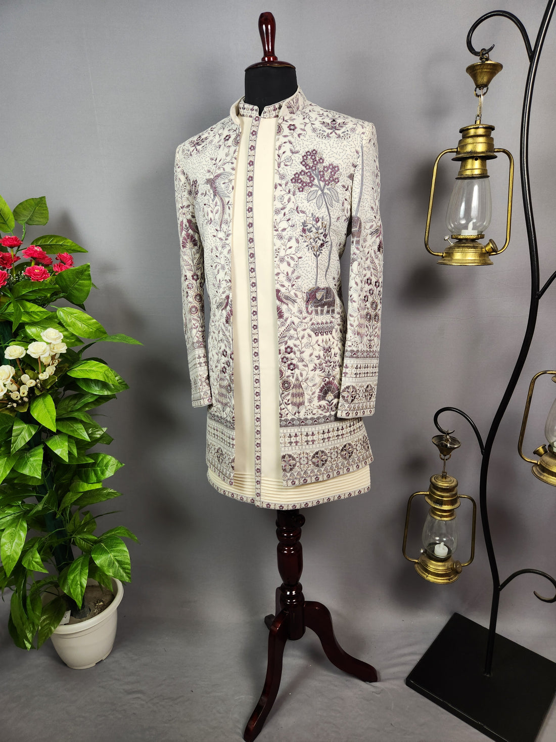 Beige Indo-Western Sherwani for Men | Indian Groom Wedding Outfit