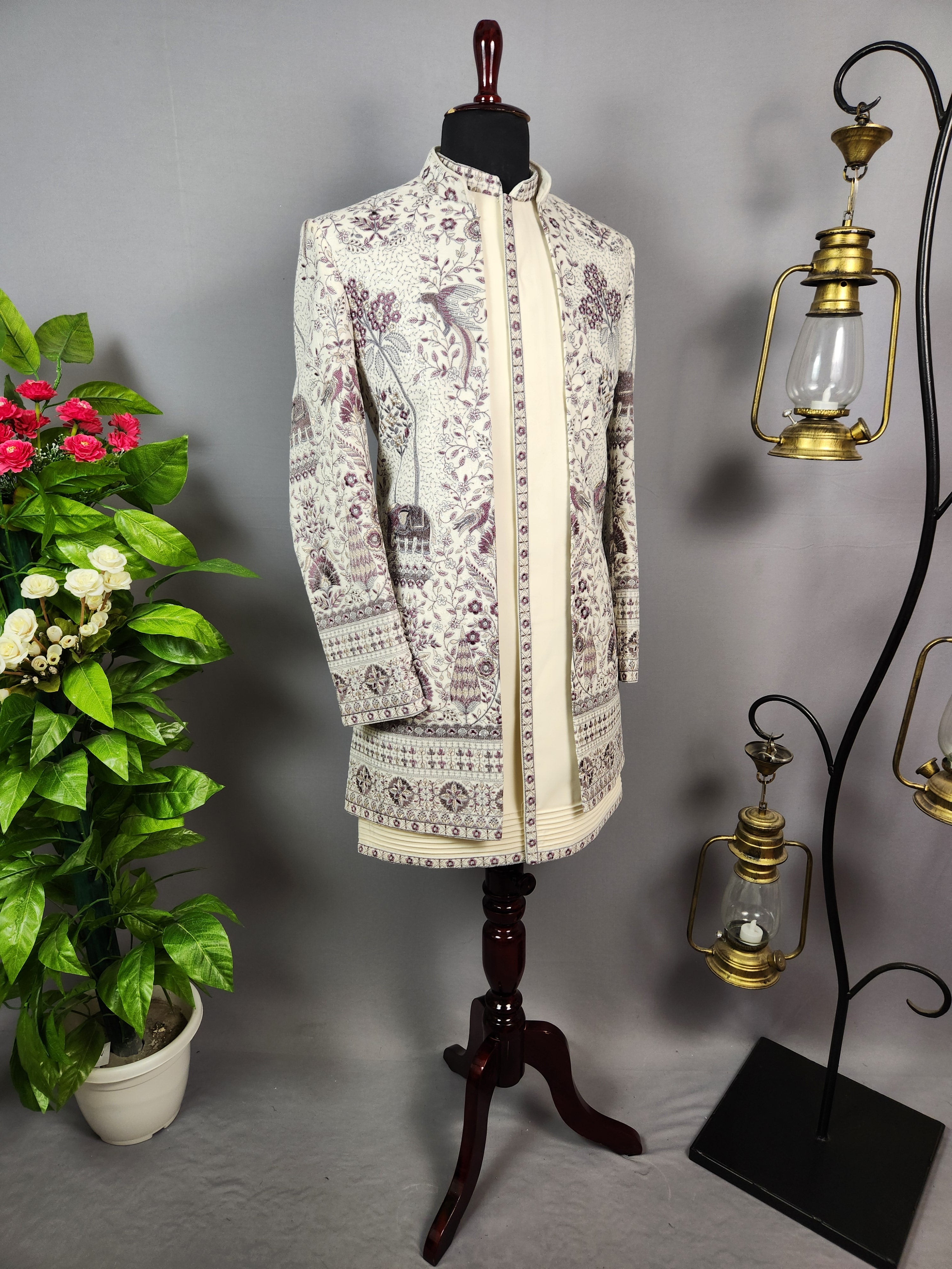 Beige Indo-Western Sherwani for Men | Indian Groom Wedding Outfit