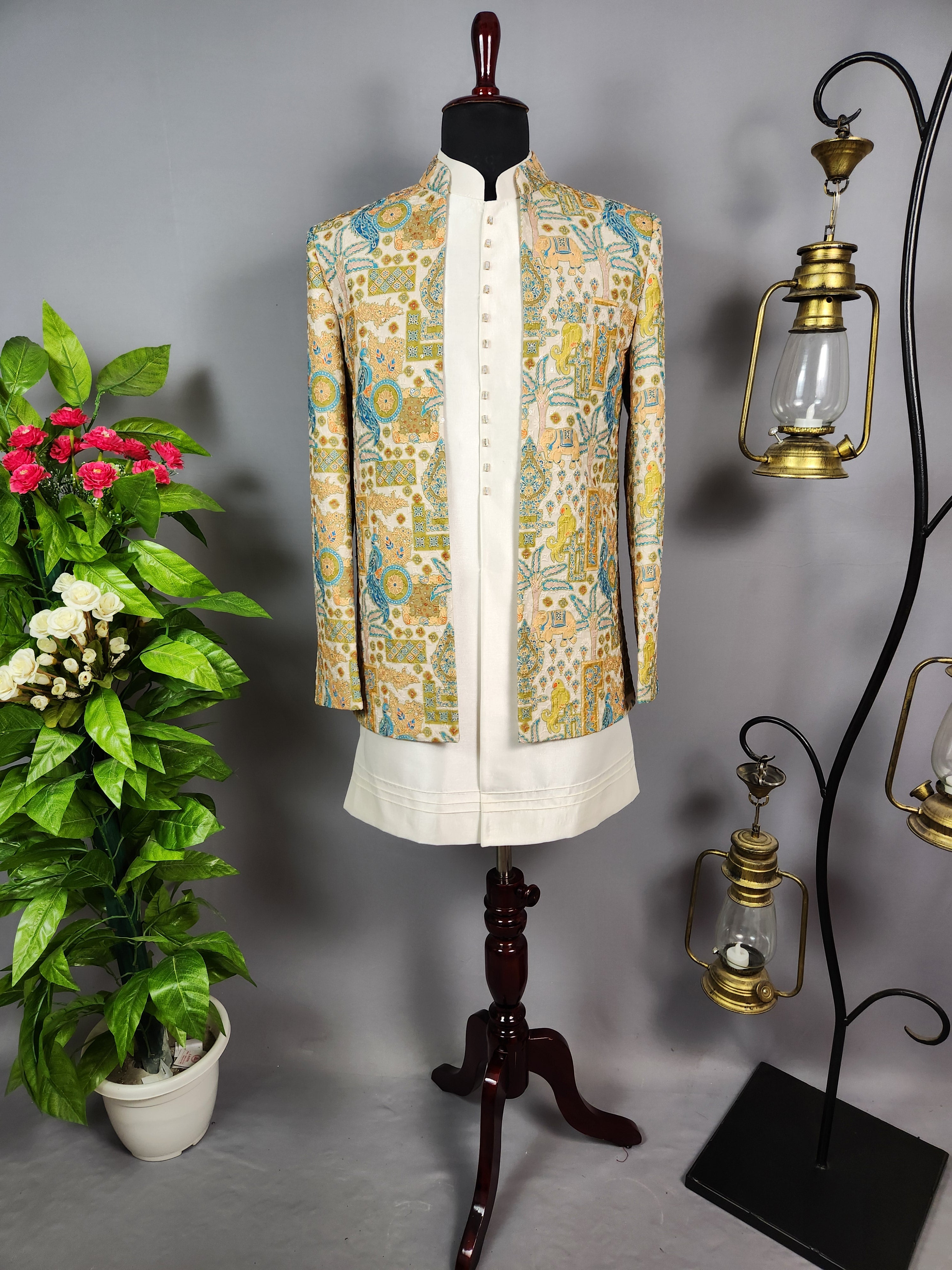 Beige Indo-Western Sherwani for Men | Indian Groom Wedding Outfit