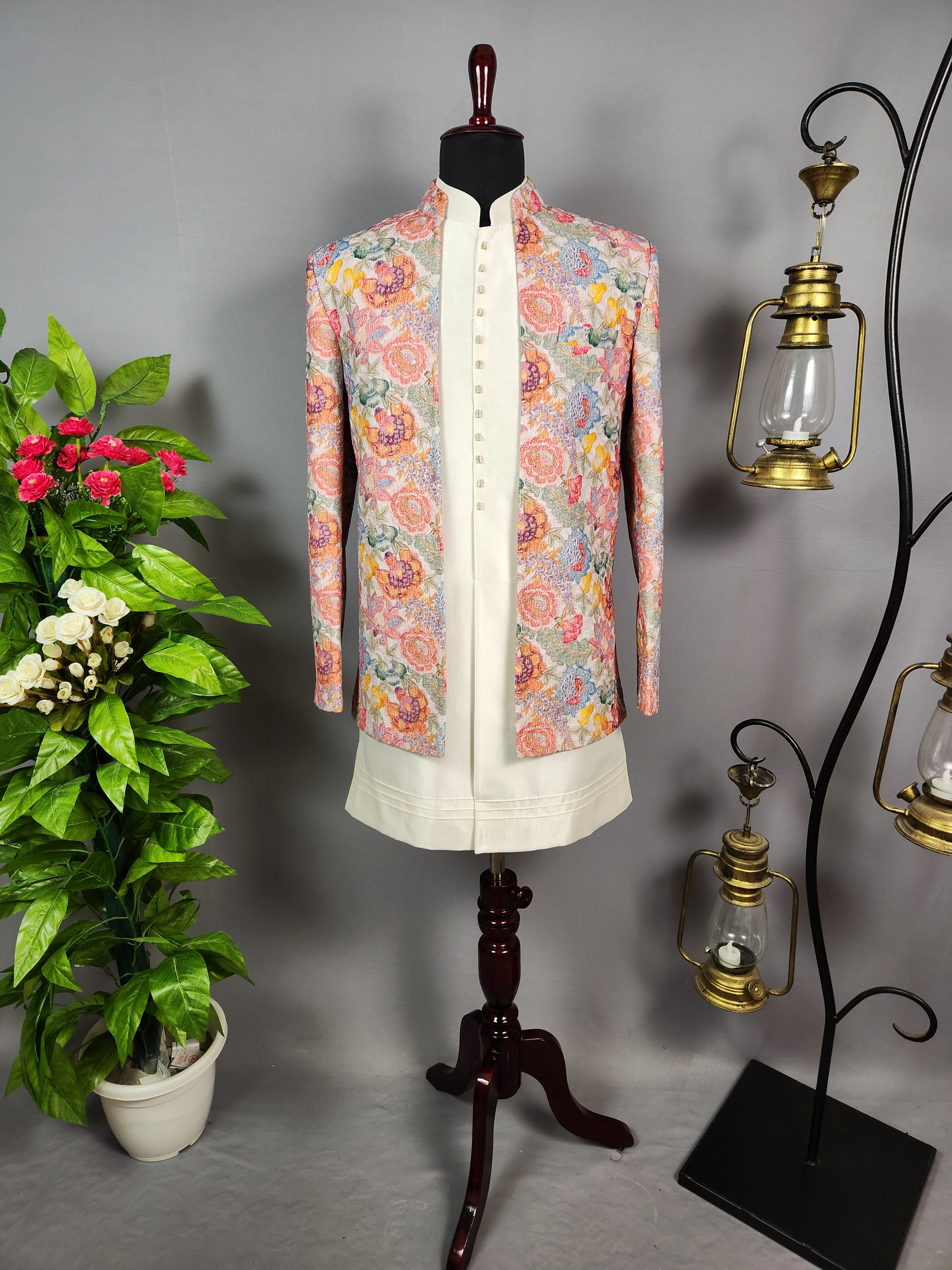 Beige Indo-Western Sherwani for Men | Indian Groom Wedding Outfit