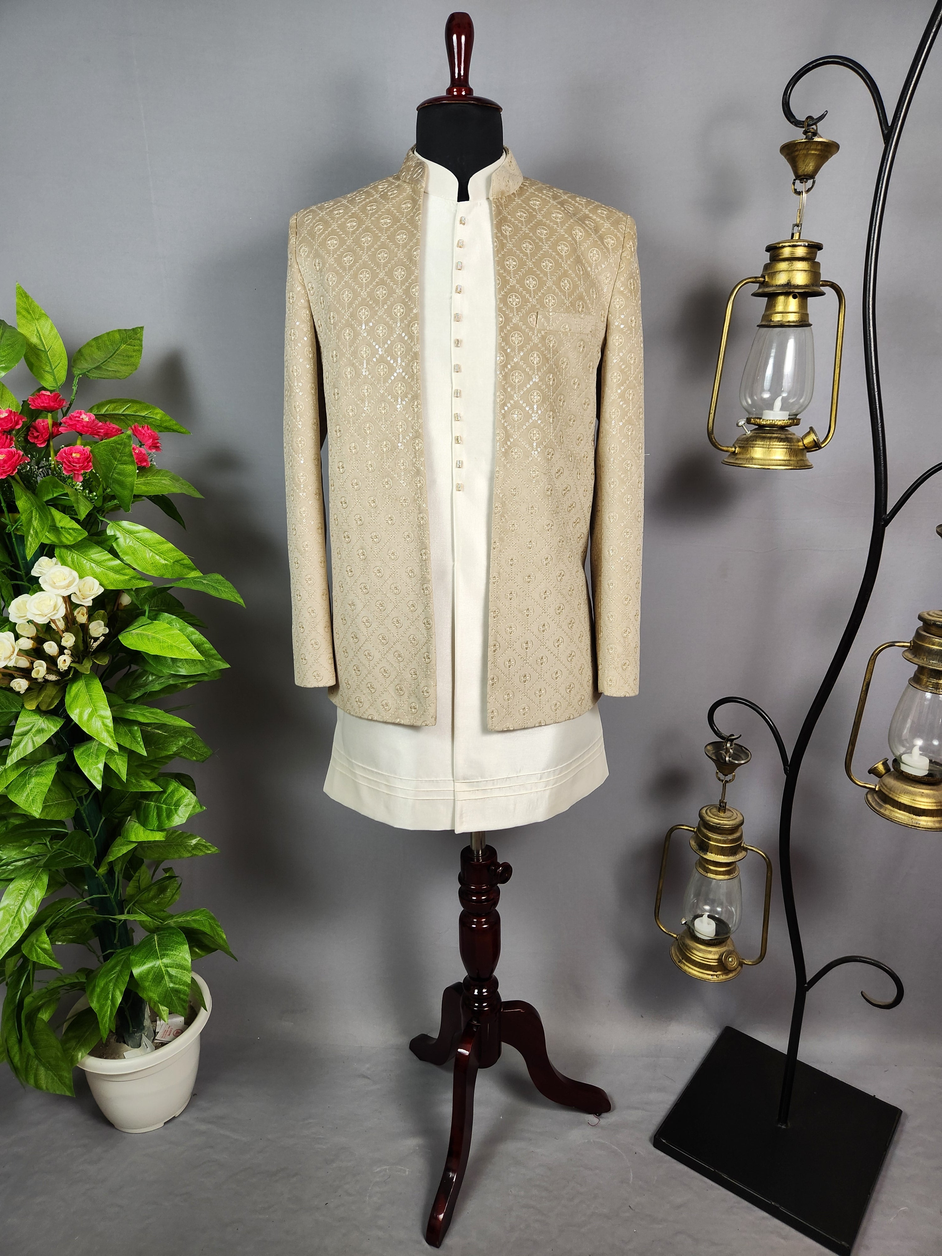 Beige Indo-Western Sherwani for Men | Indian Groom Wedding Outfit
