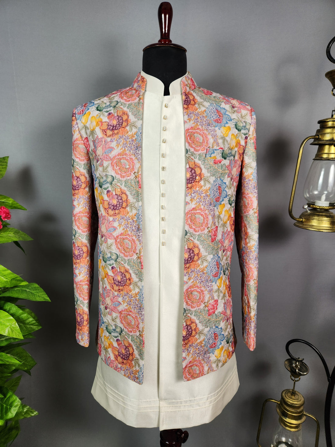 Beige Indo-Western Sherwani for Men | Indian Groom Wedding Outfit