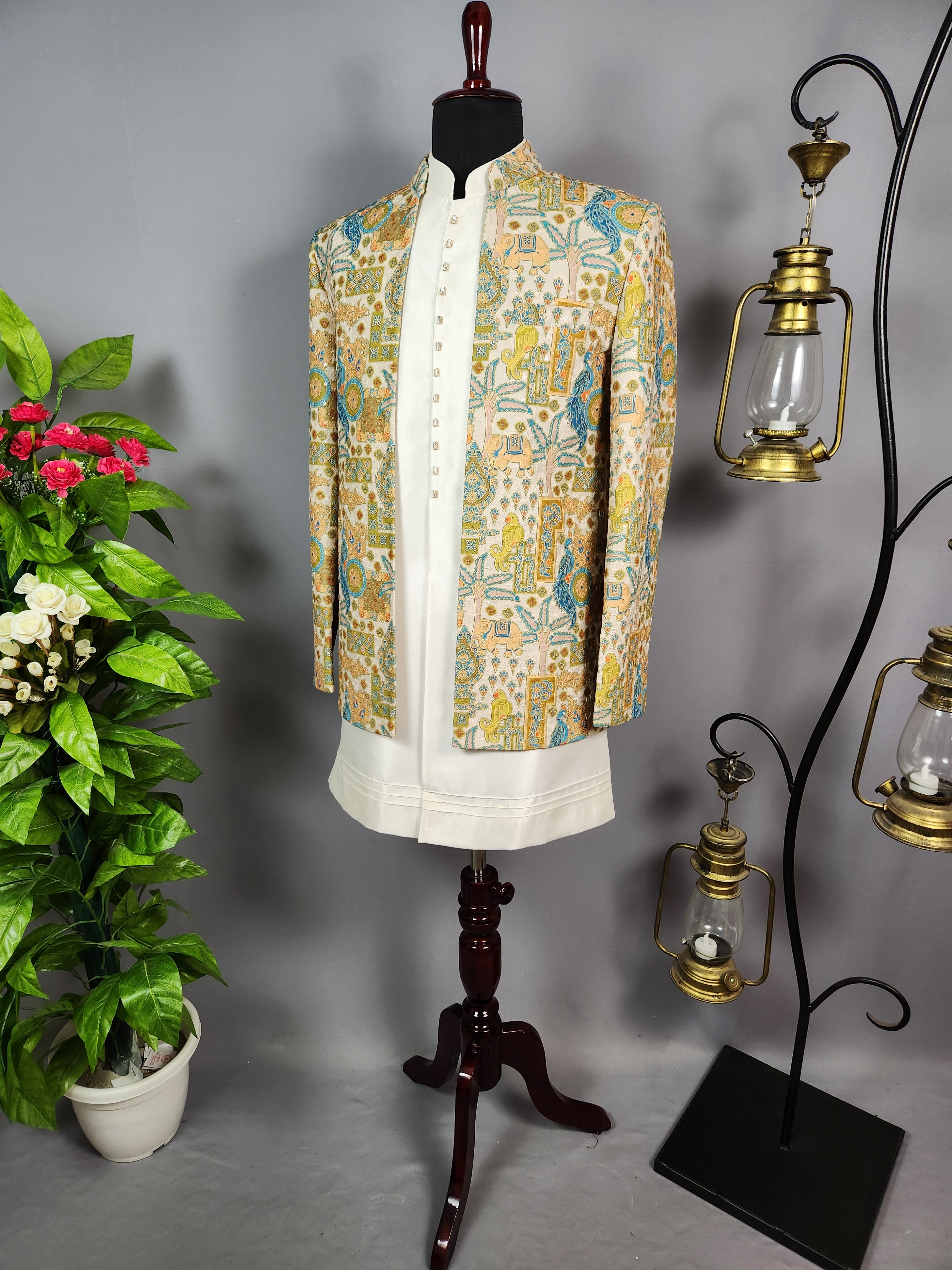 Beige Indo-Western Sherwani for Men | Indian Groom Wedding Outfit