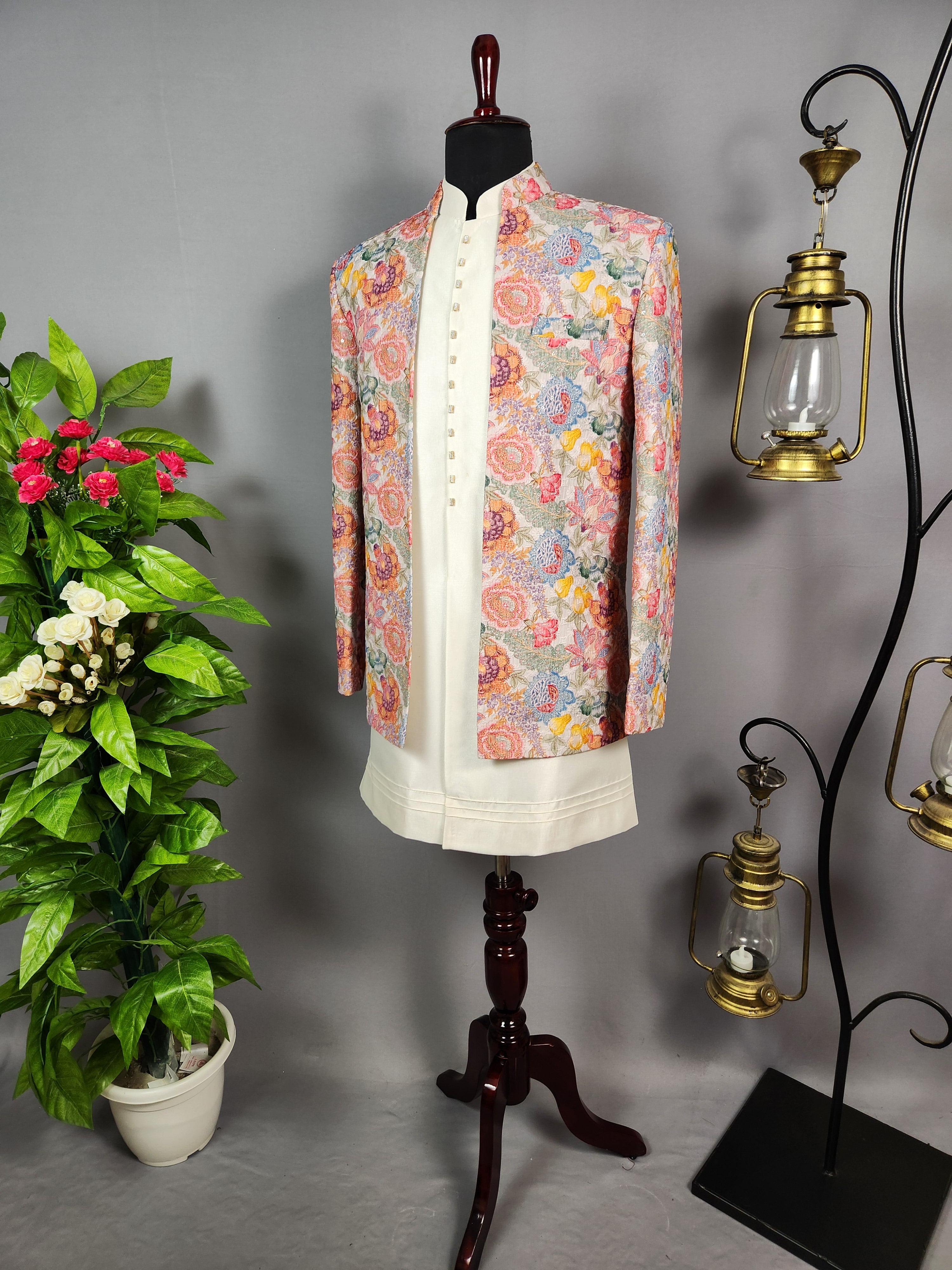 Beige Indo-Western Sherwani for Men | Indian Groom Wedding Outfit