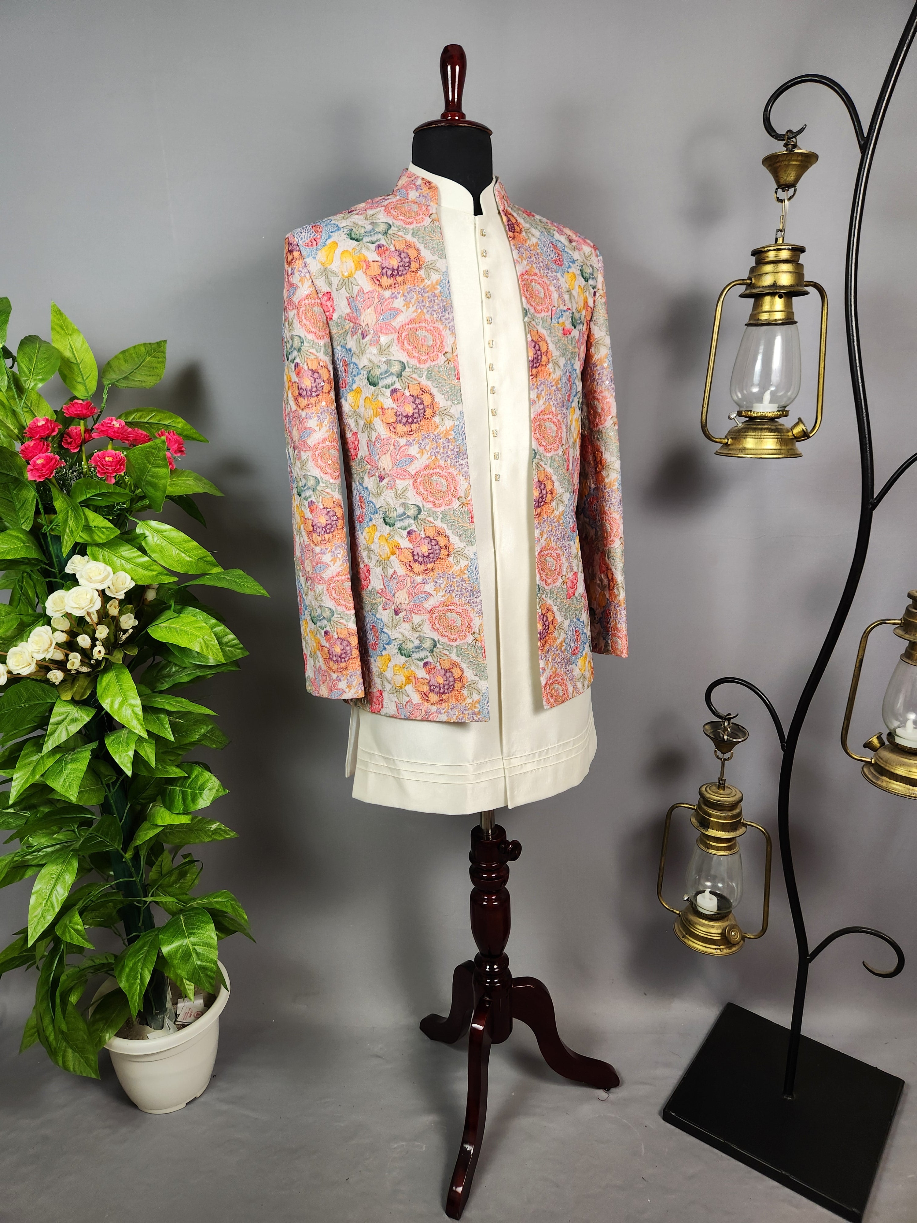 Beige Indo-Western Sherwani for Men | Indian Groom Wedding Outfit