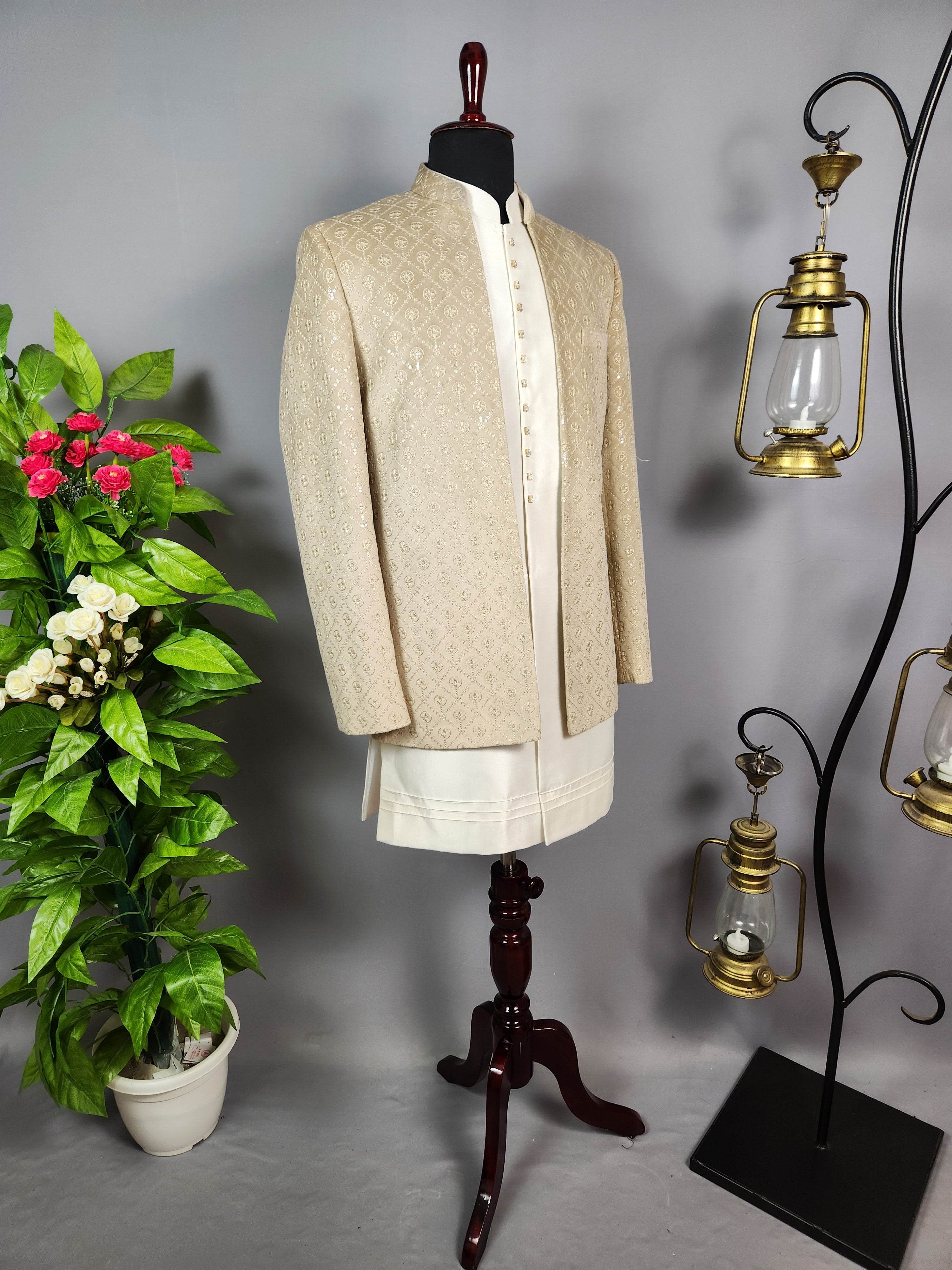 Beige Indo-Western Sherwani for Men | Indian Groom Wedding Outfit