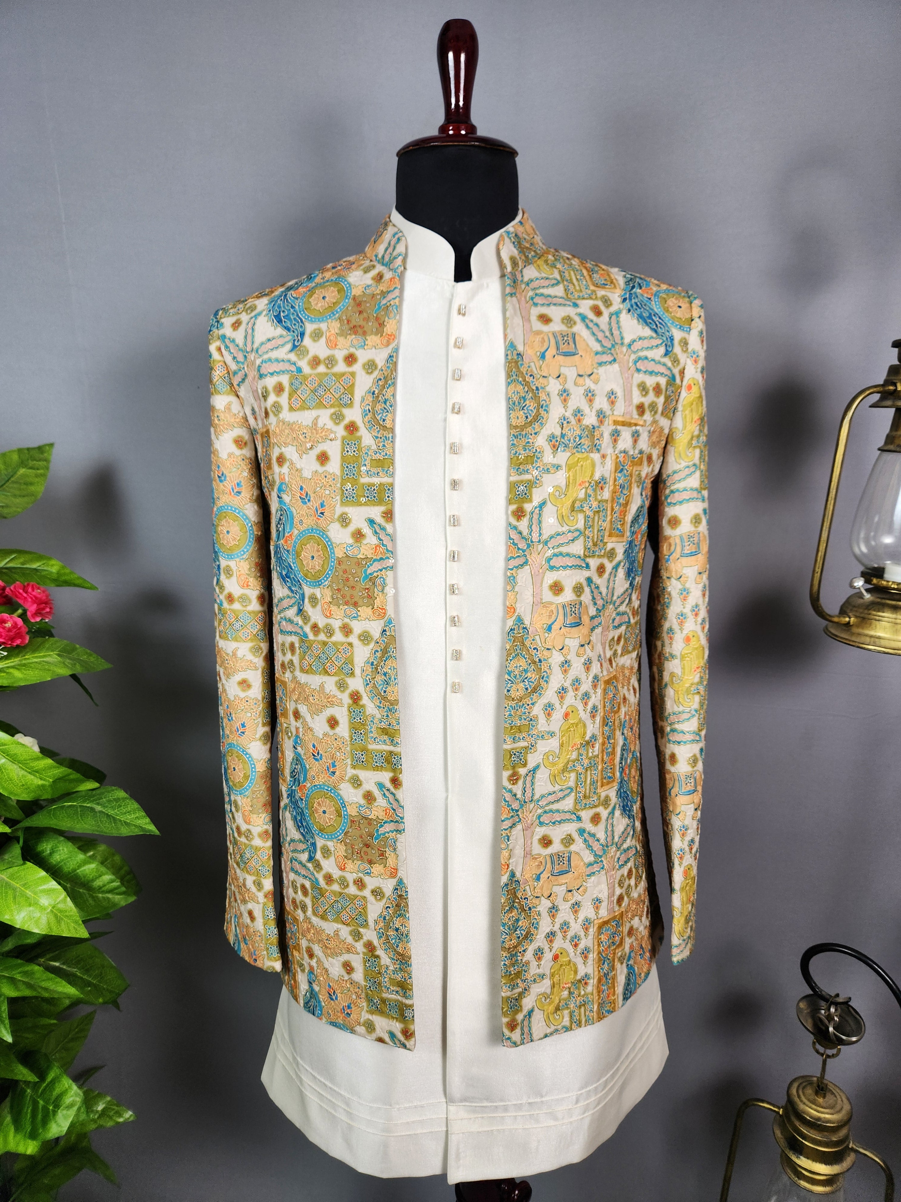 Beige Indo-Western Sherwani for Men | Indian Groom Wedding Outfit