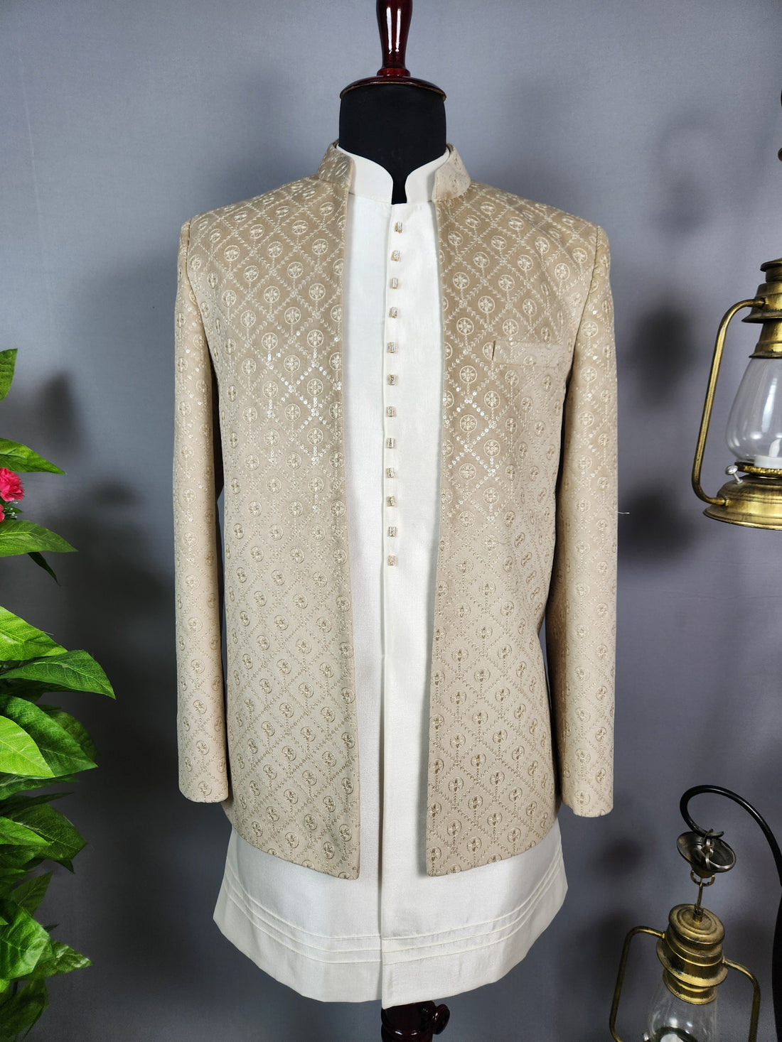 Beige Indo-Western Sherwani for Men | Indian Groom Wedding Outfit