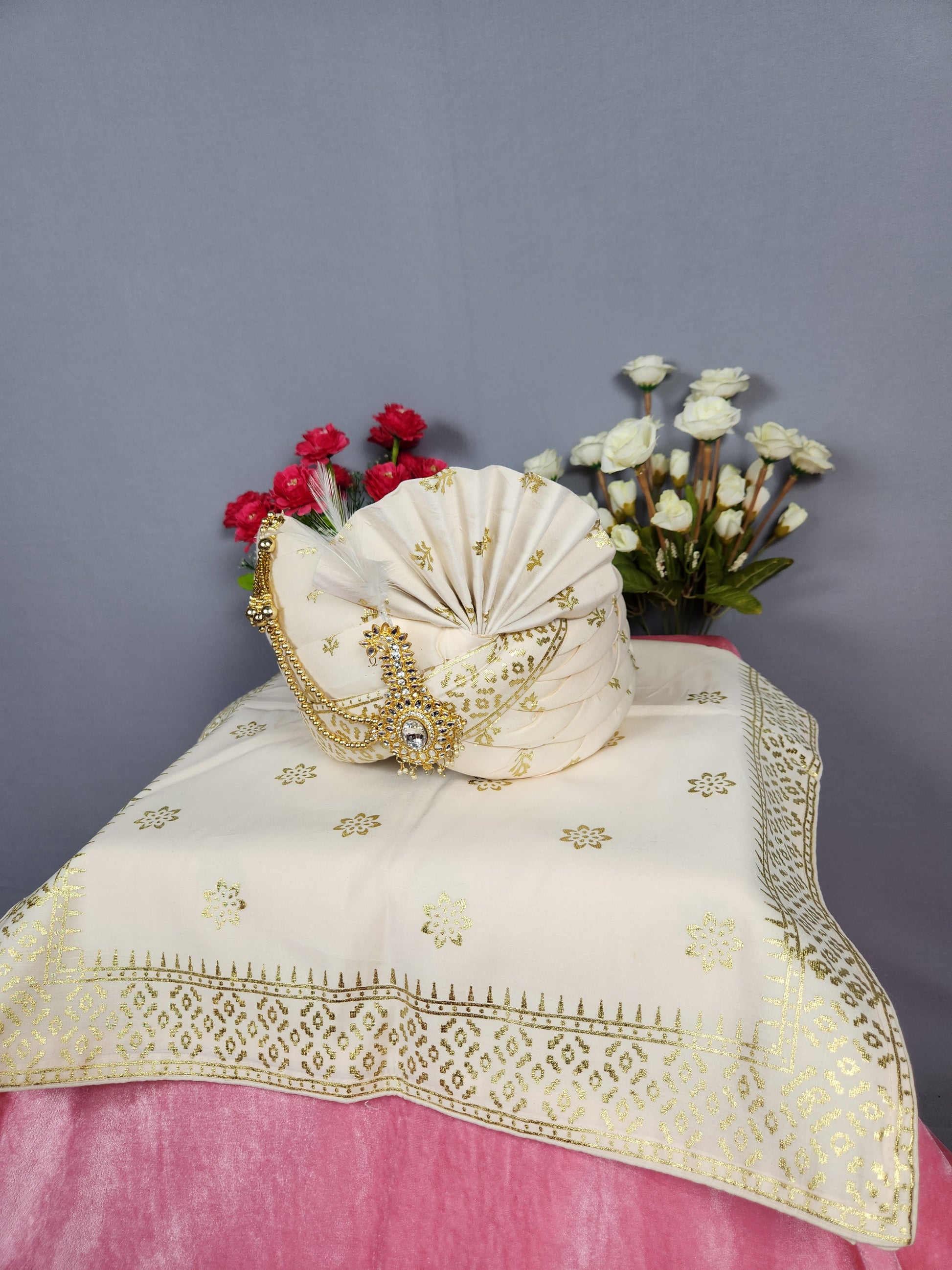 Cream Ivory Groom Turban Shawl Set