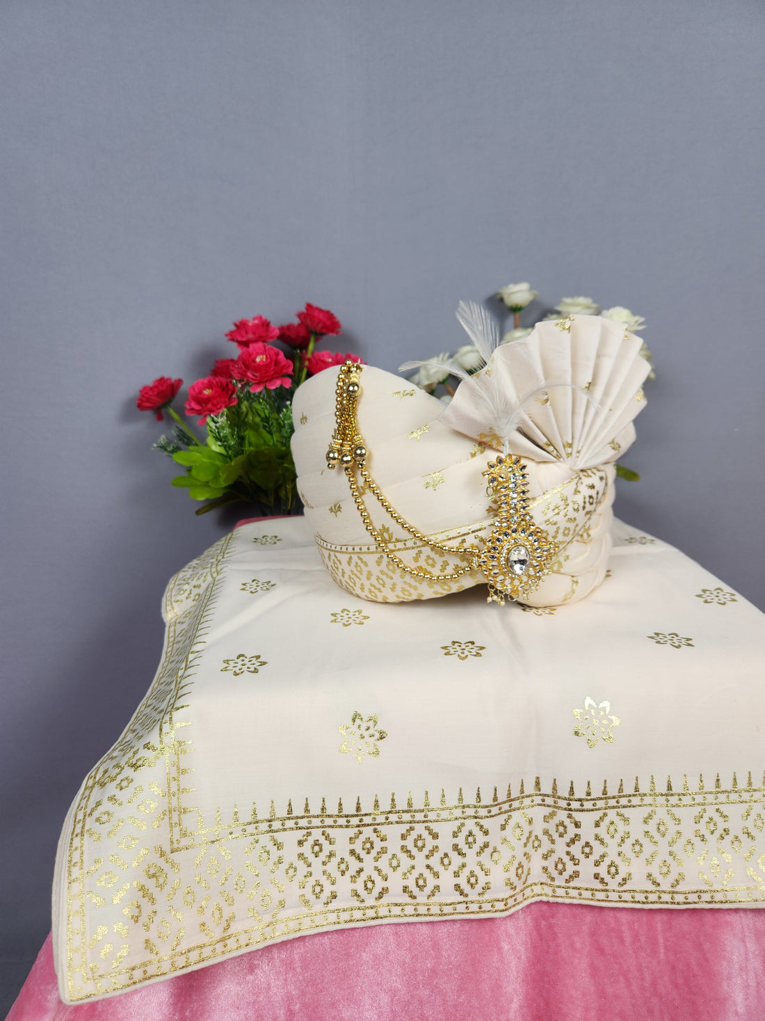 Cream Ivory Groom Turban Shawl Set
