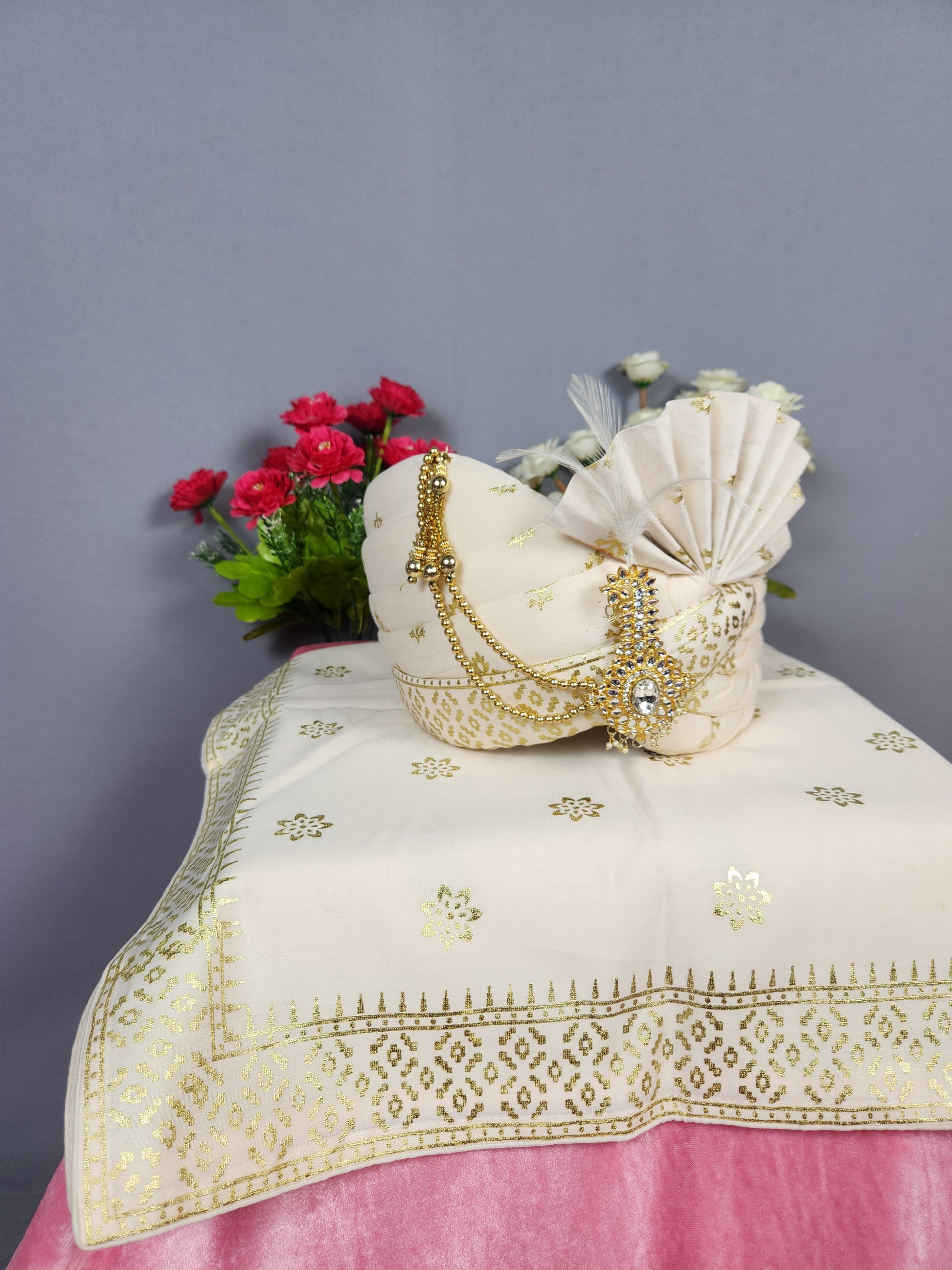 Cream Ivory Groom Turban Shawl Set