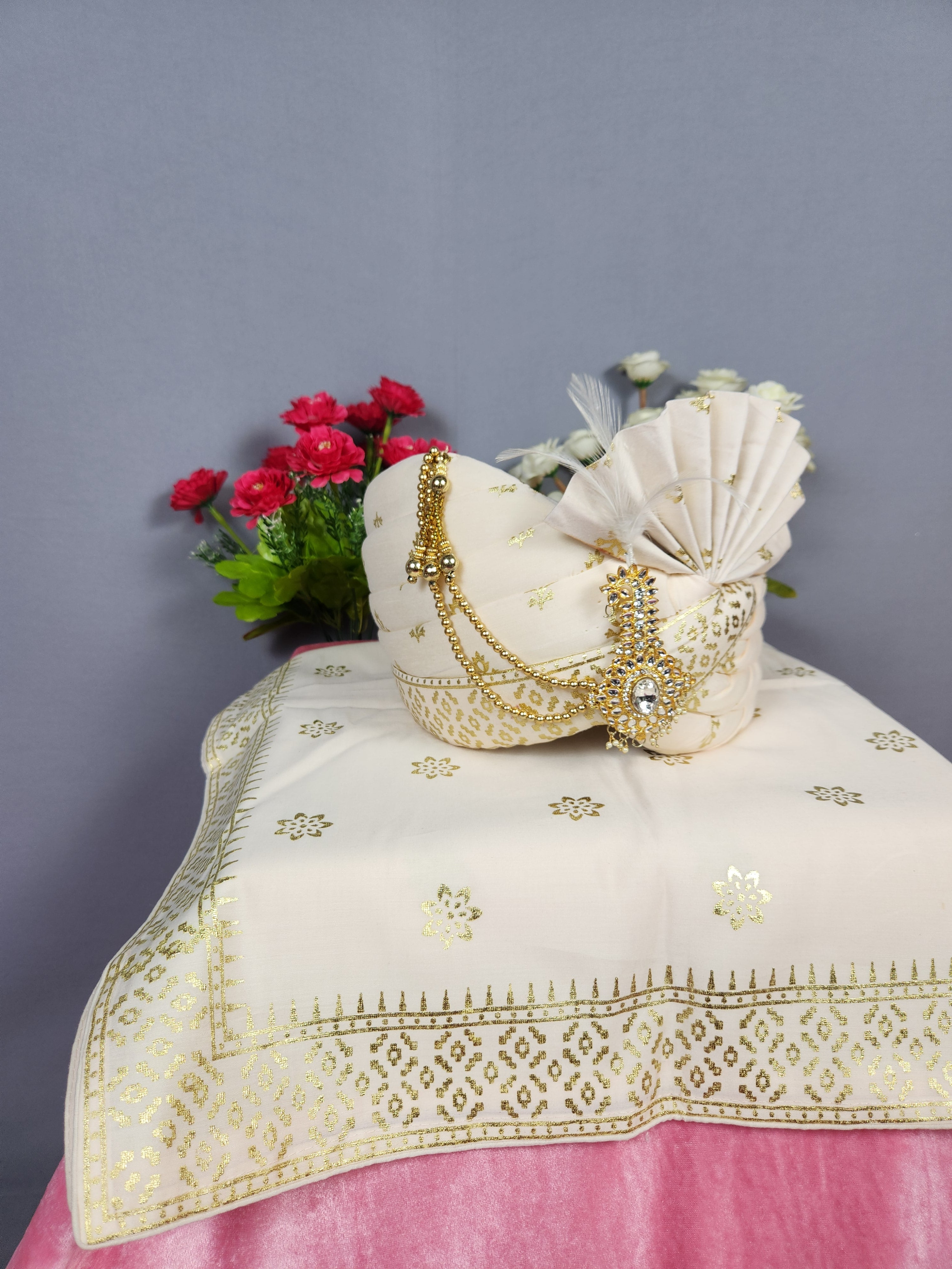 Cream Ivory Groom Turban Shawl Set
