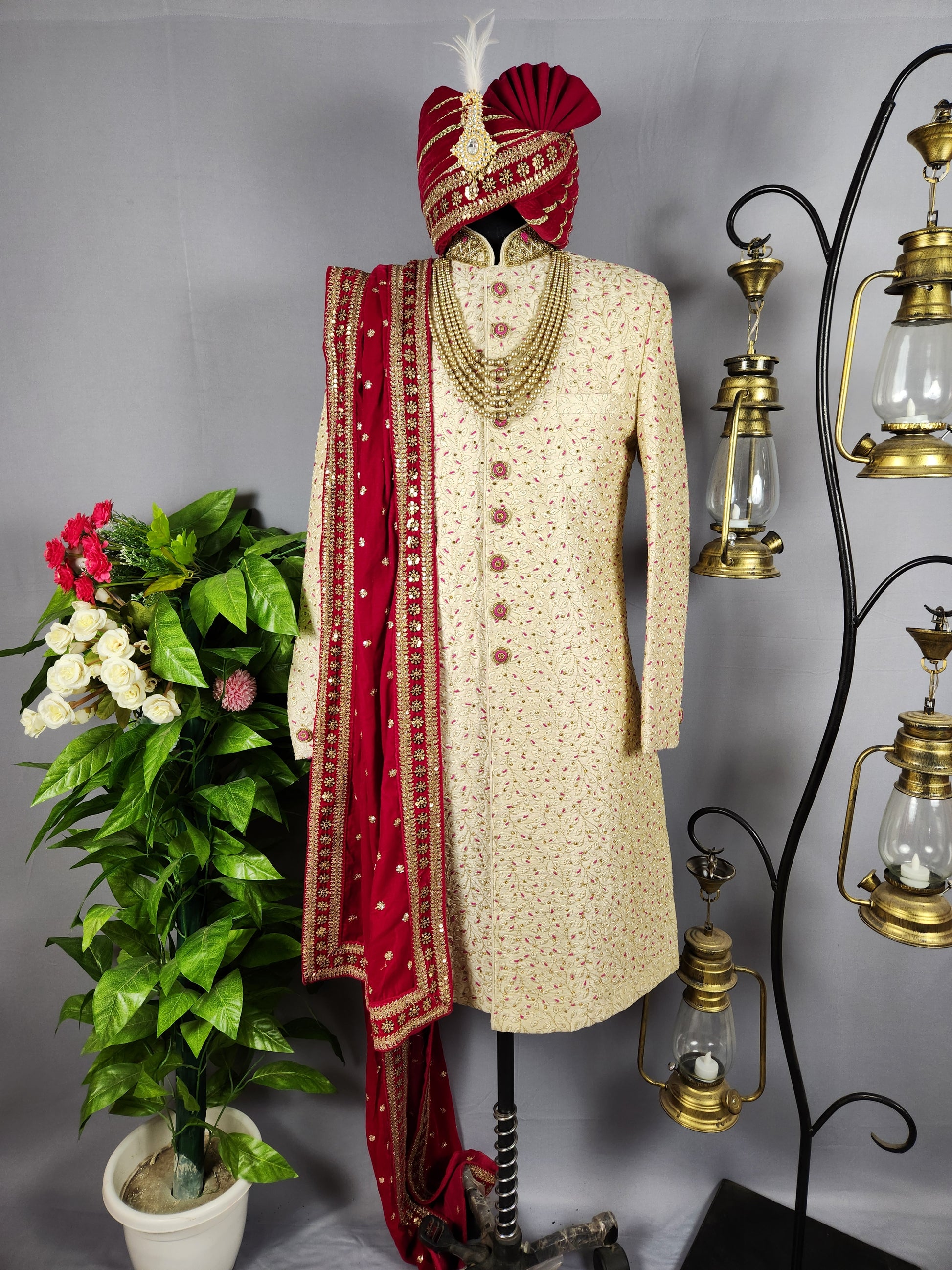 Cream Wedding Groom Sherwani with Magenta Accent