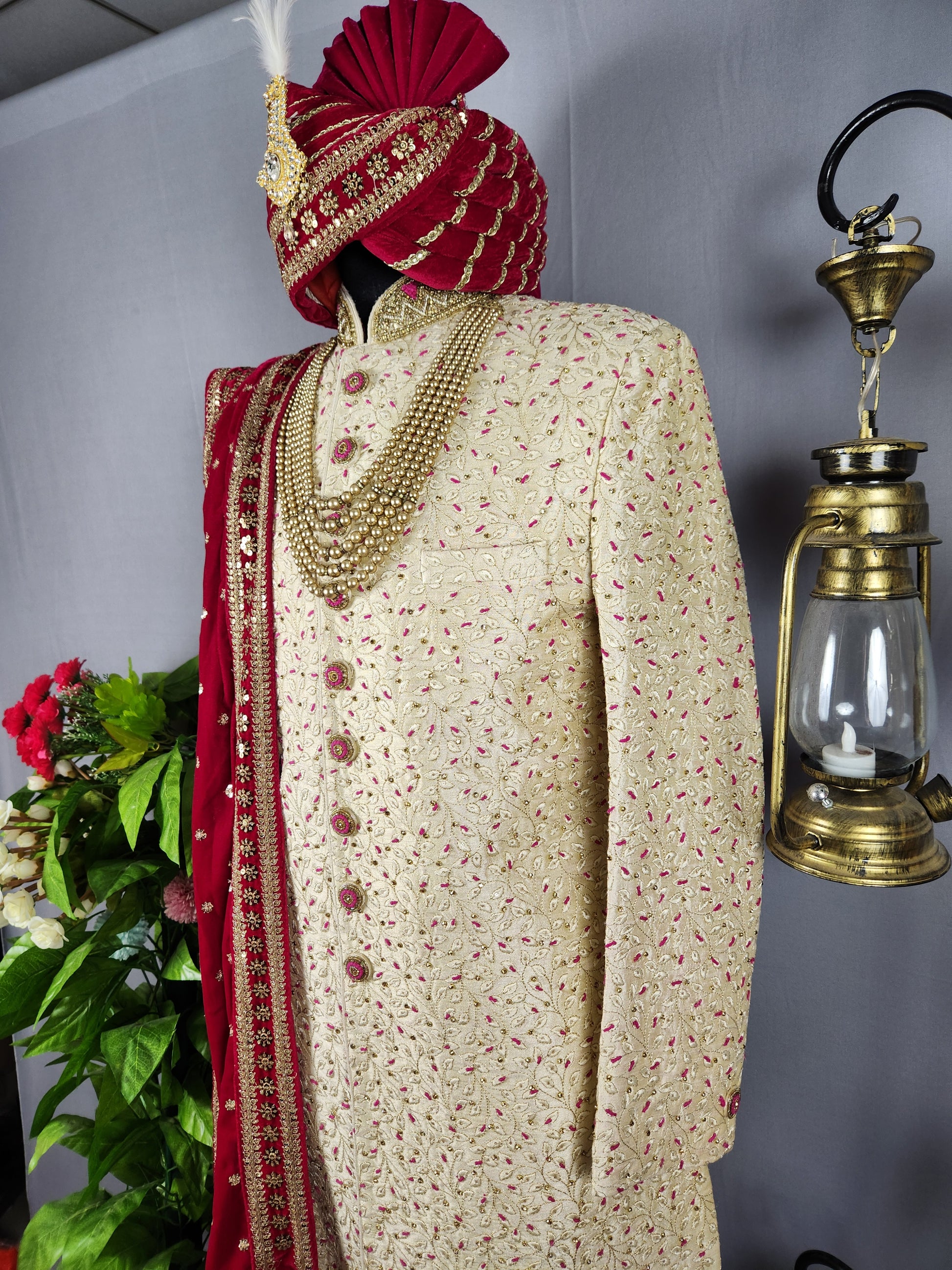 Cream Wedding Groom Sherwani with Magenta Accent