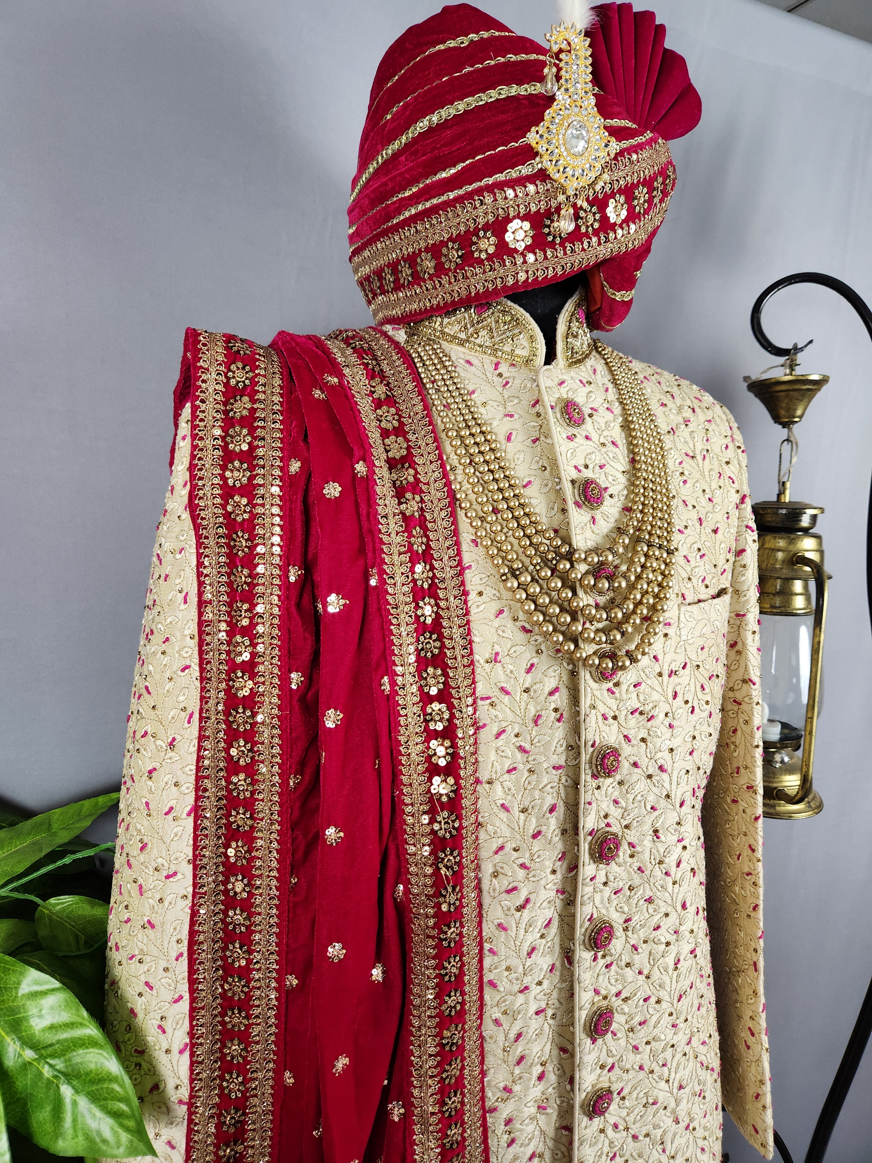 Cream Wedding Groom Sherwani with Magenta Accent