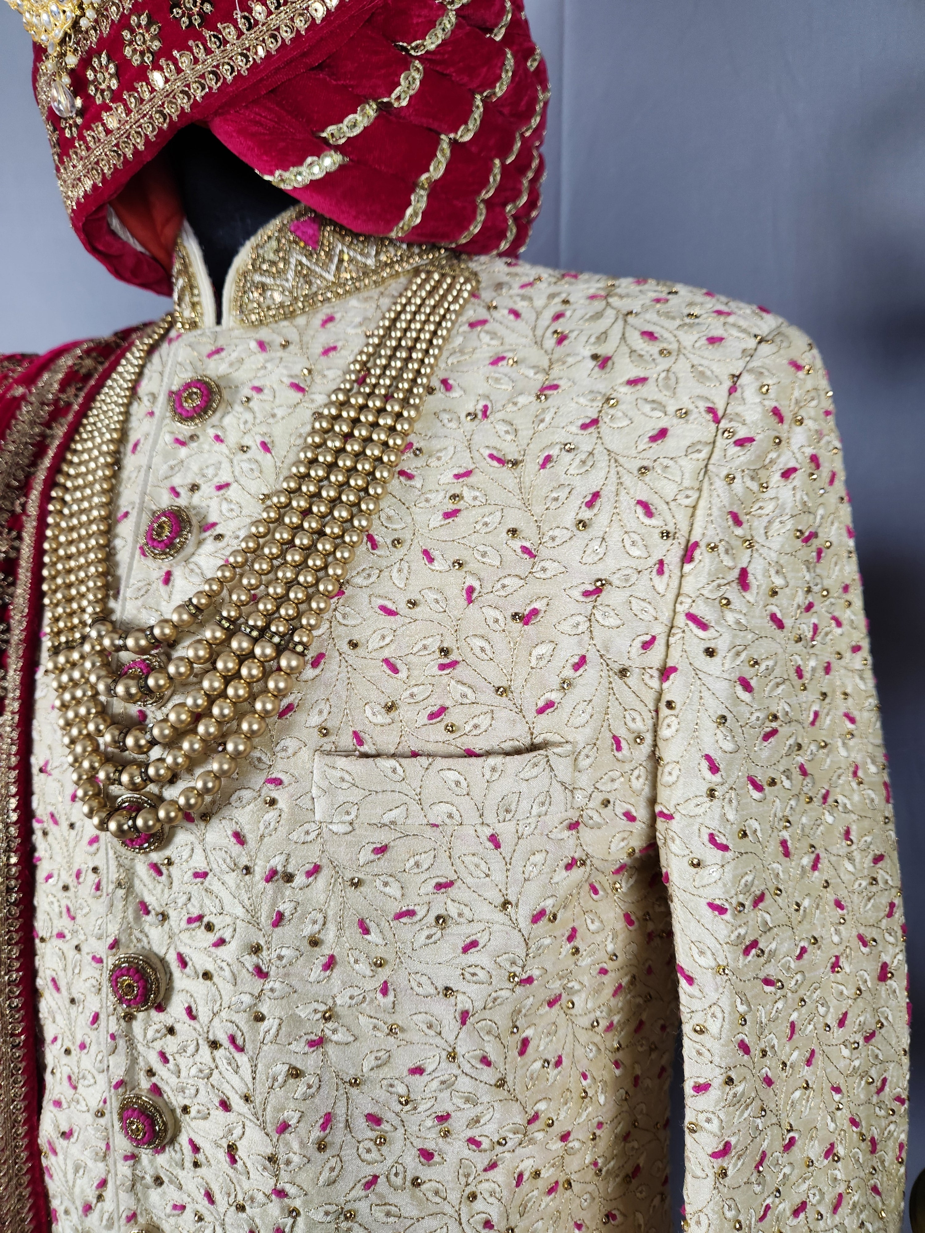 Cream Wedding Groom Sherwani with Magenta Accent