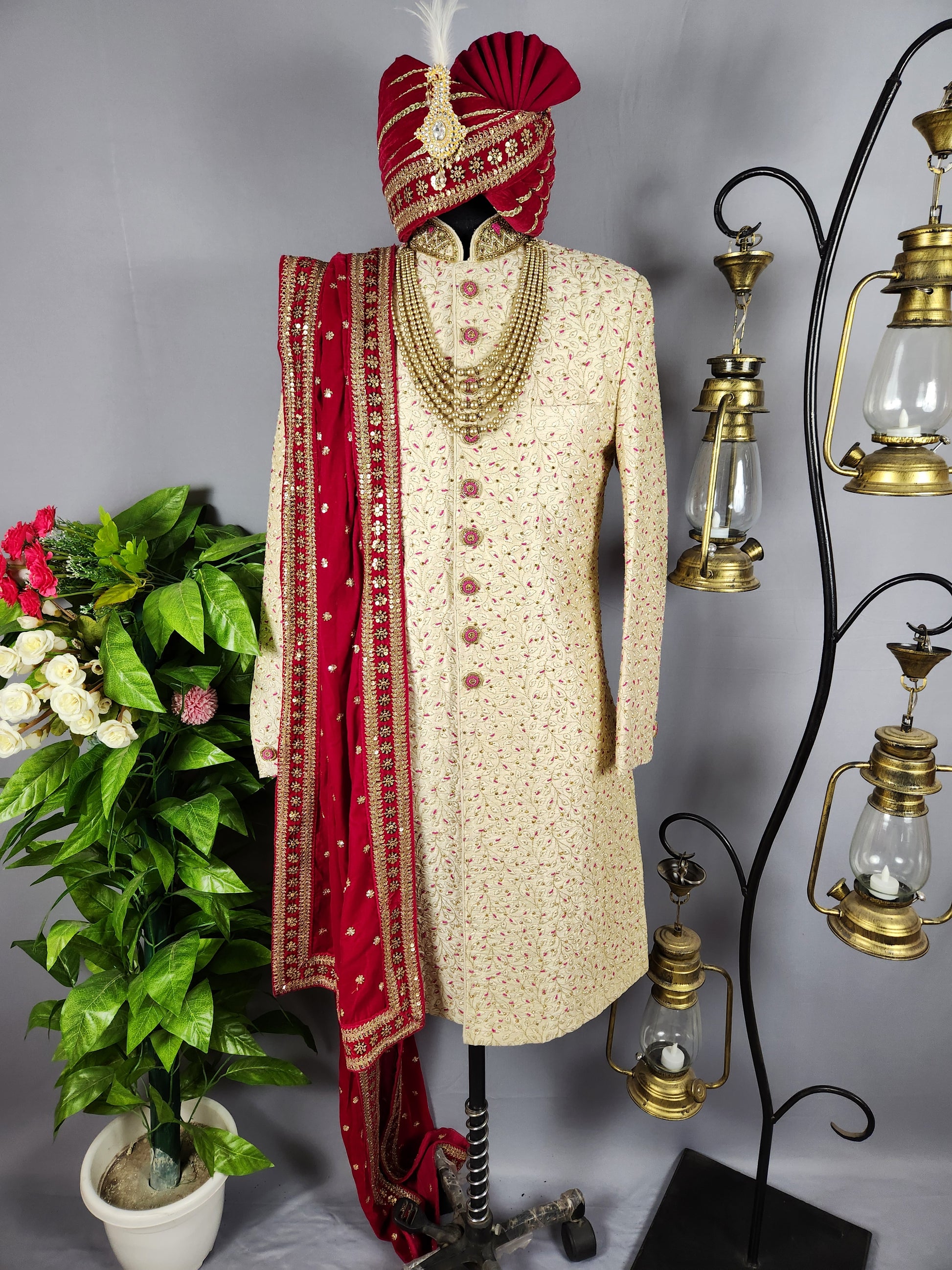 Cream Wedding Groom Sherwani with Magenta Accent