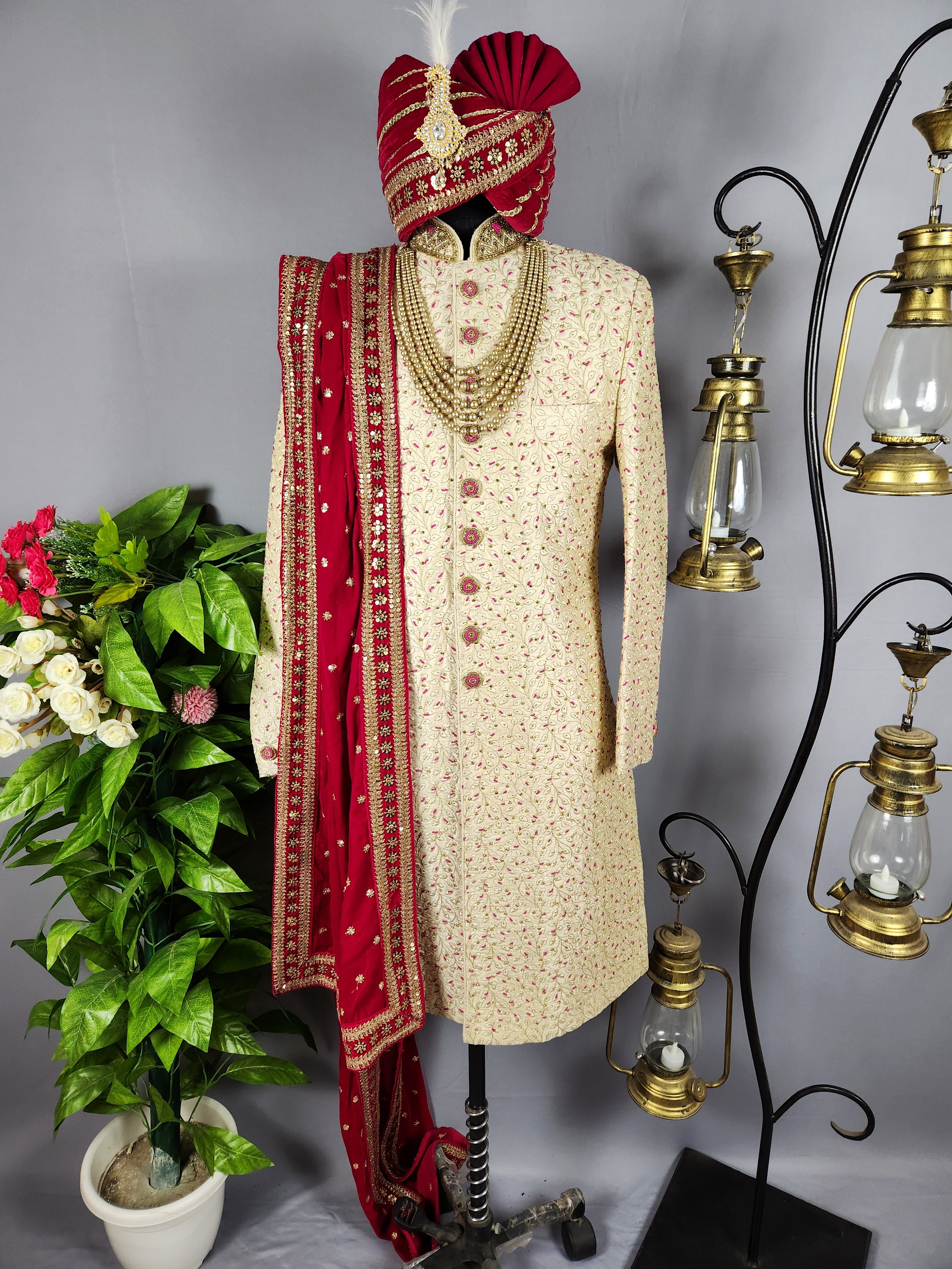Cream Wedding Groom Sherwani with Magenta Accent