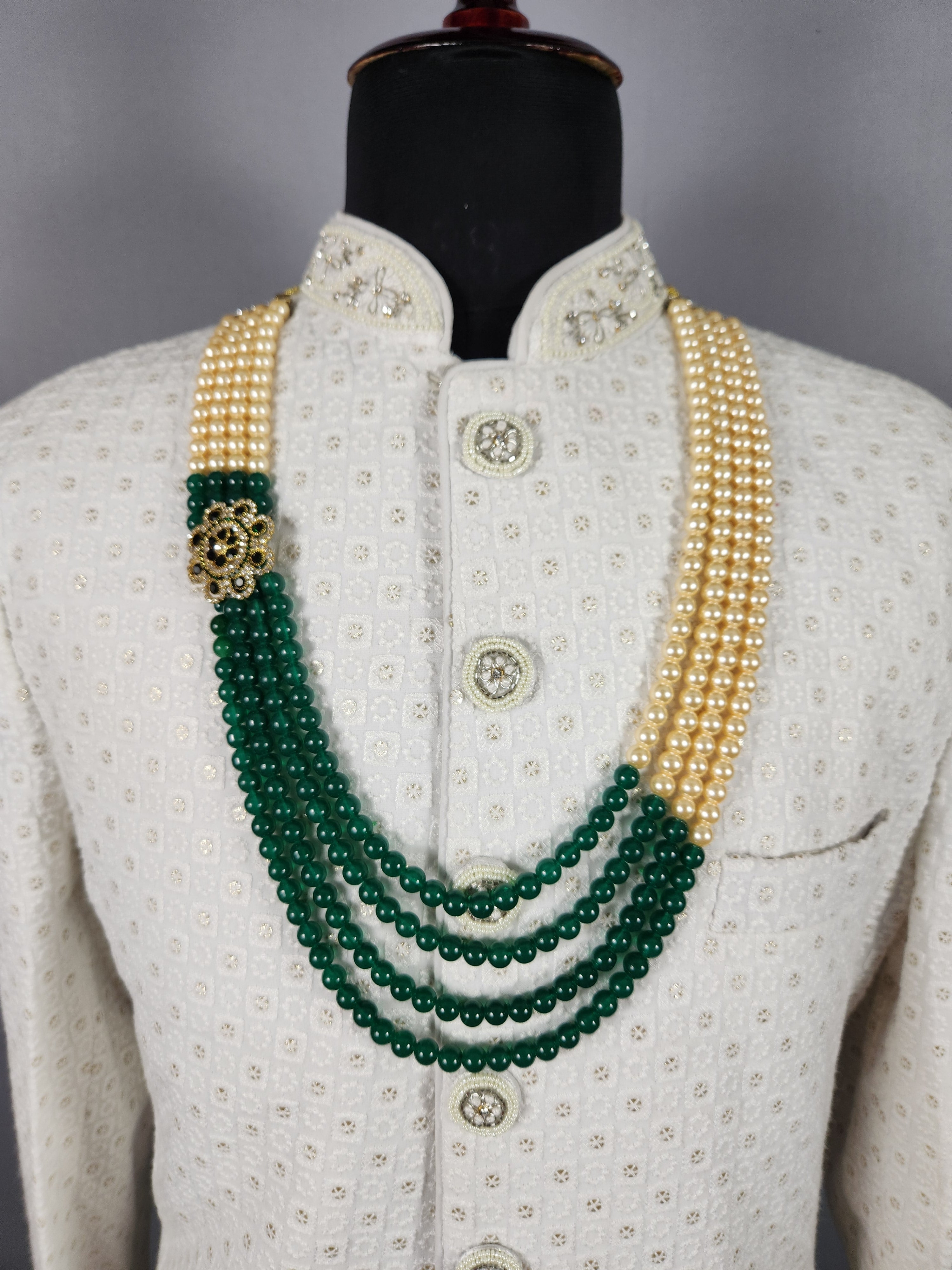 Emerald Pearl Necklace Groom Wedding Mala For Sherwani