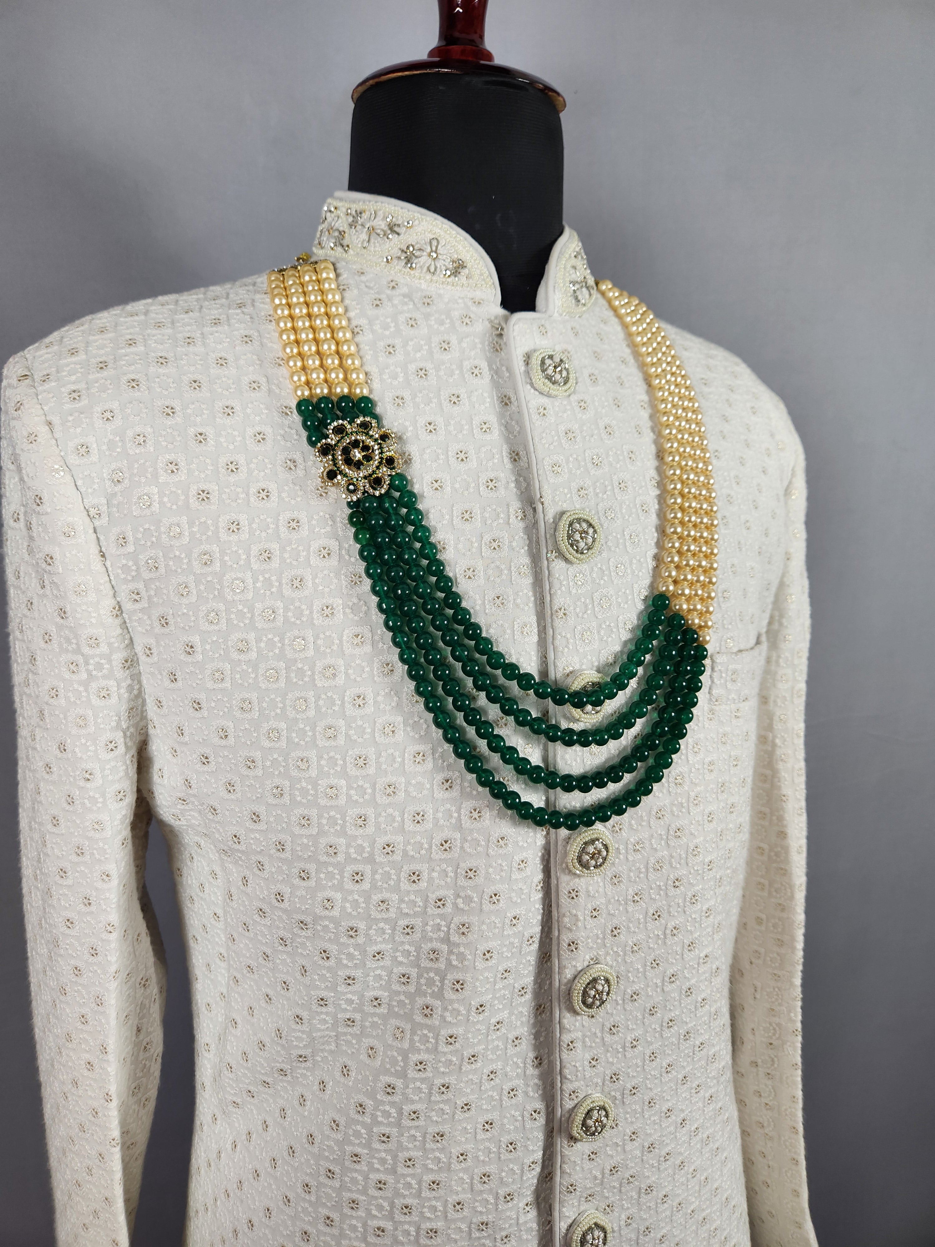 Emerald Pearl Necklace Groom Wedding Mala For Sherwani