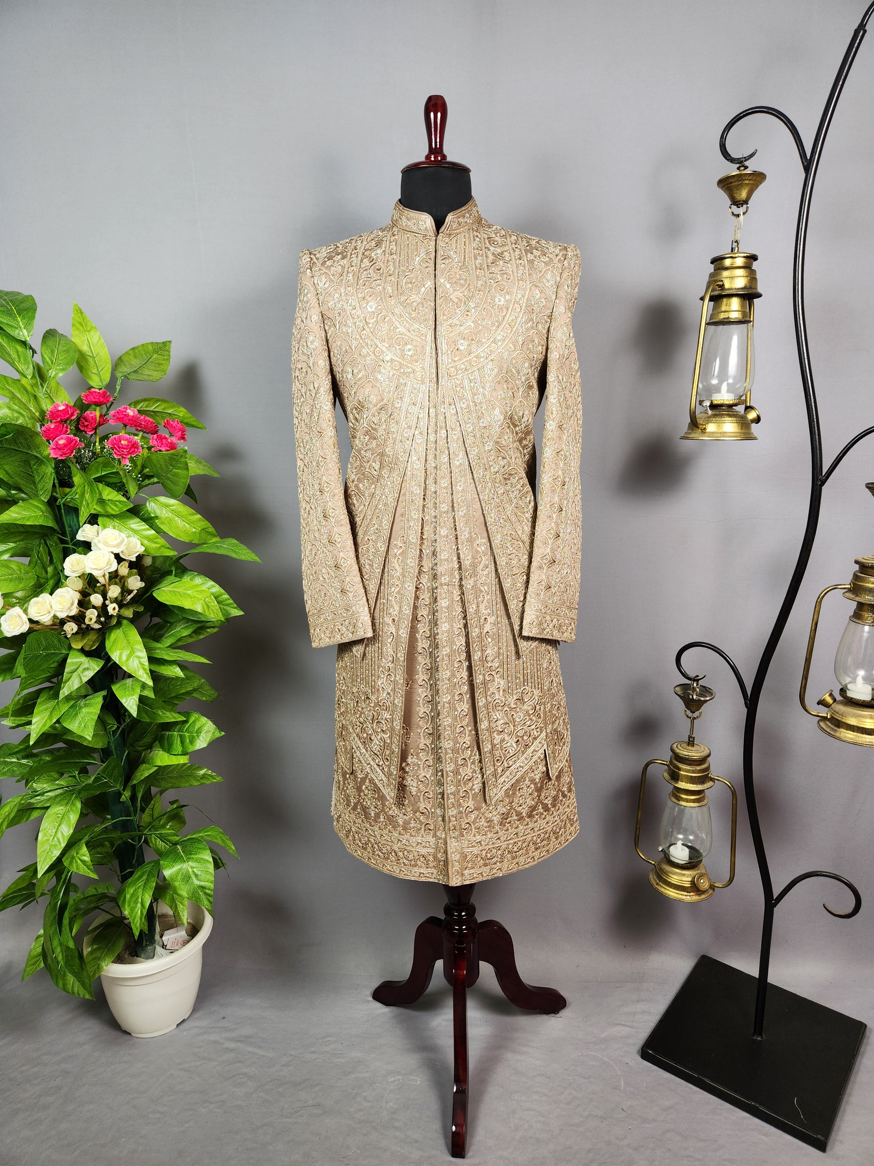 Golden Brown Groom Sherwani - Zari Embroidery | Sherwani For Men