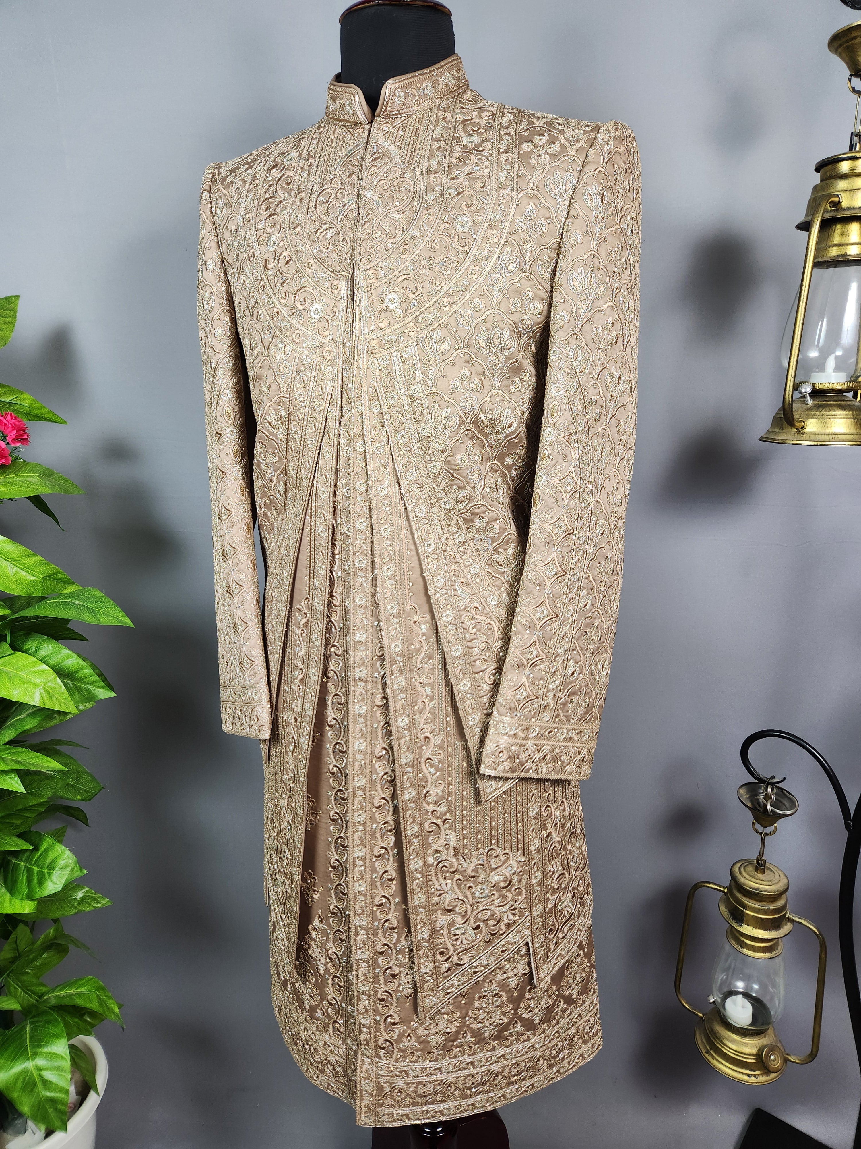 Golden Brown Groom Sherwani - Zari Embroidery | Sherwani For Men