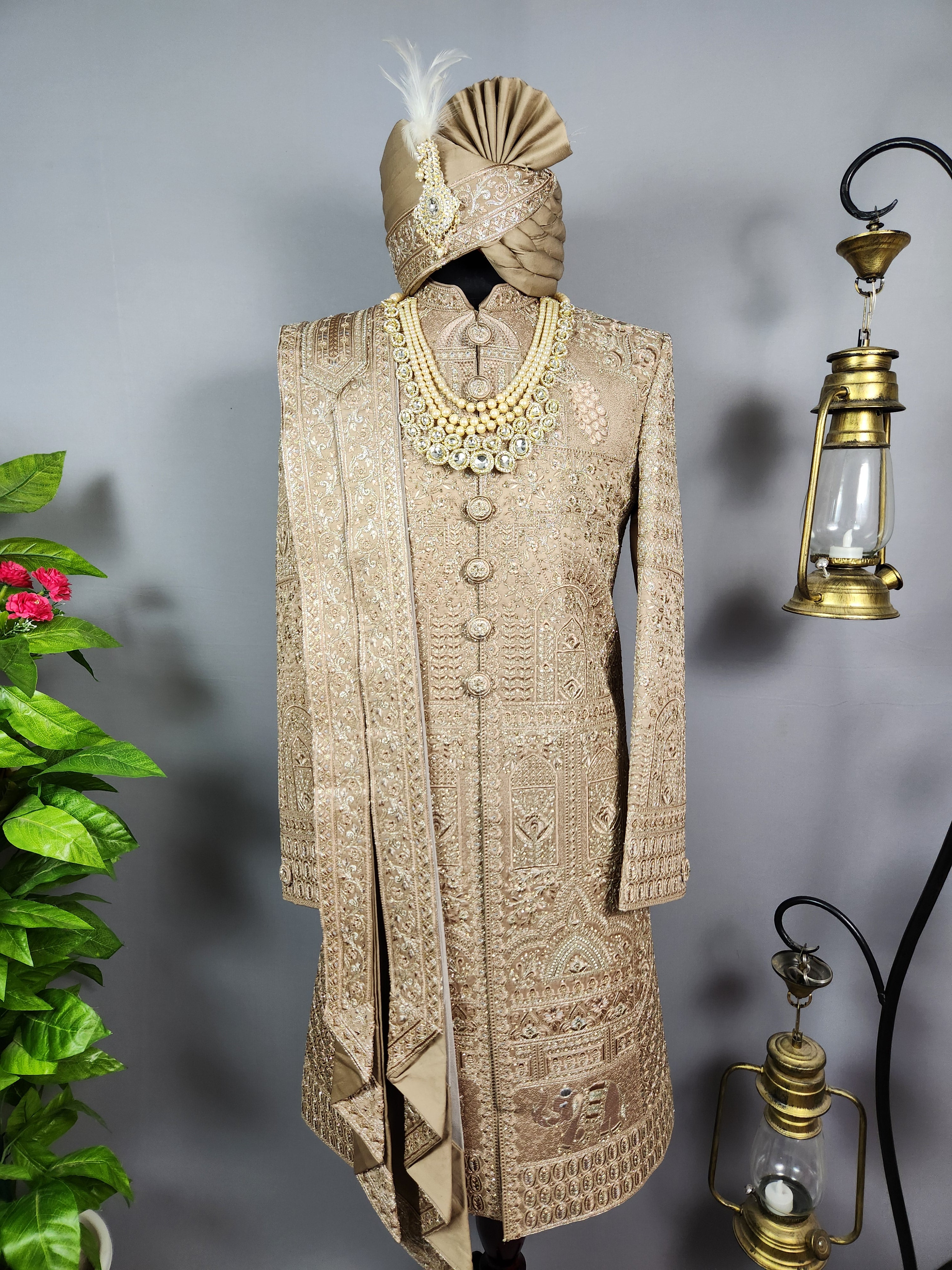 Golden Brown Groom Sherwani - Zari Embroidery | Sherwani For Men