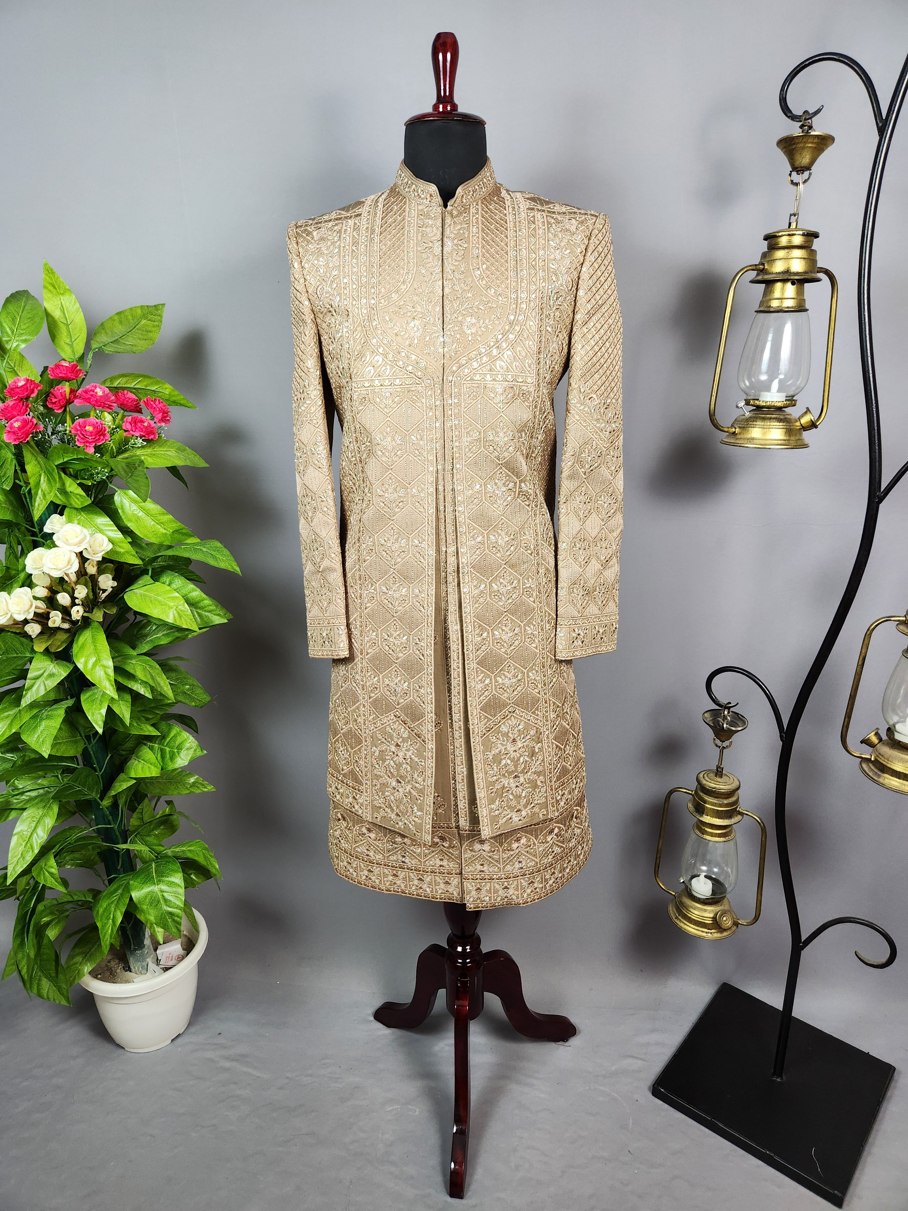Golden Brown Groom Sherwani - Zari Embroidery | Sherwani For Men