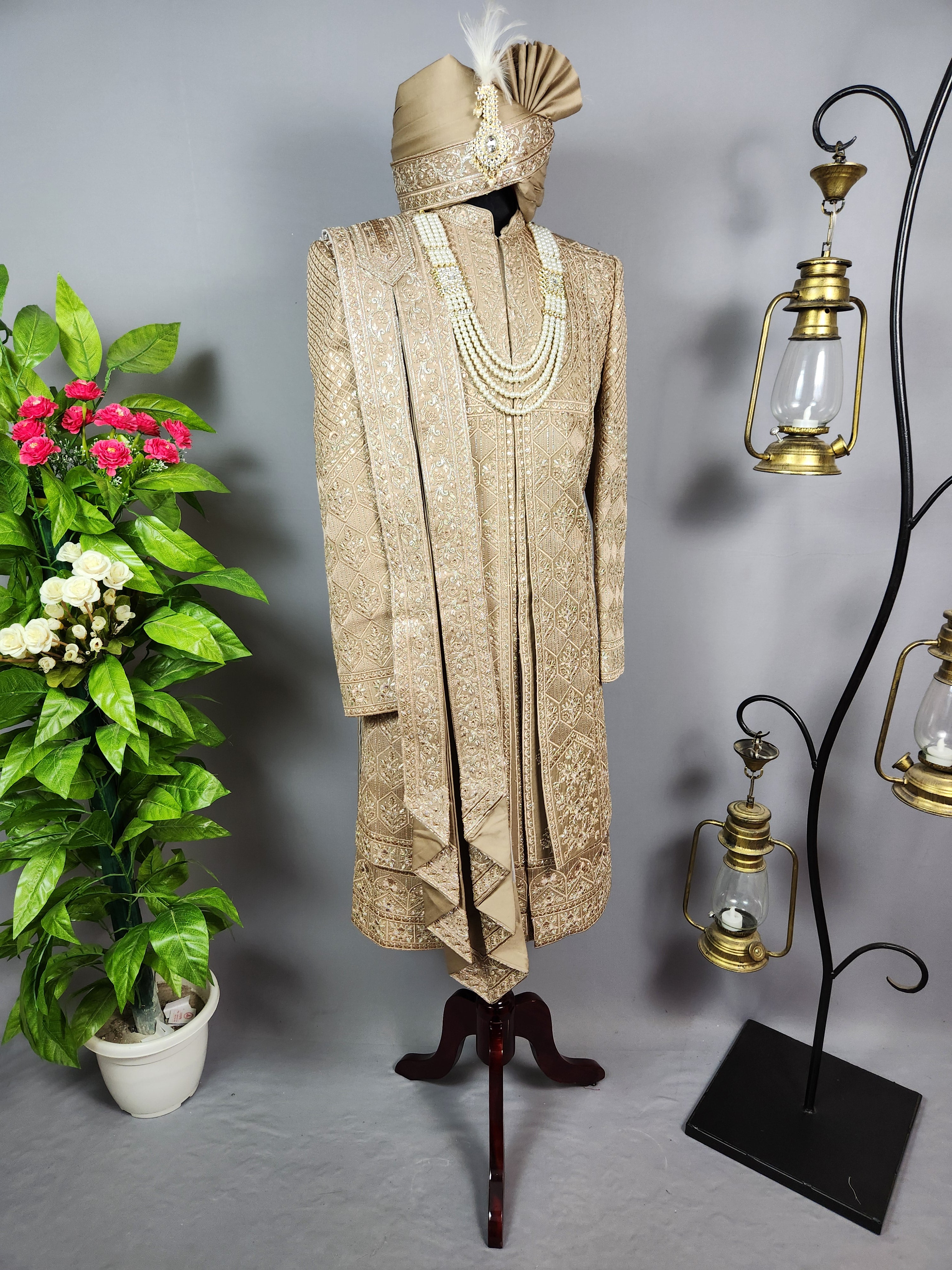 Golden Brown Groom Sherwani - Zari Embroidery | Sherwani For Men