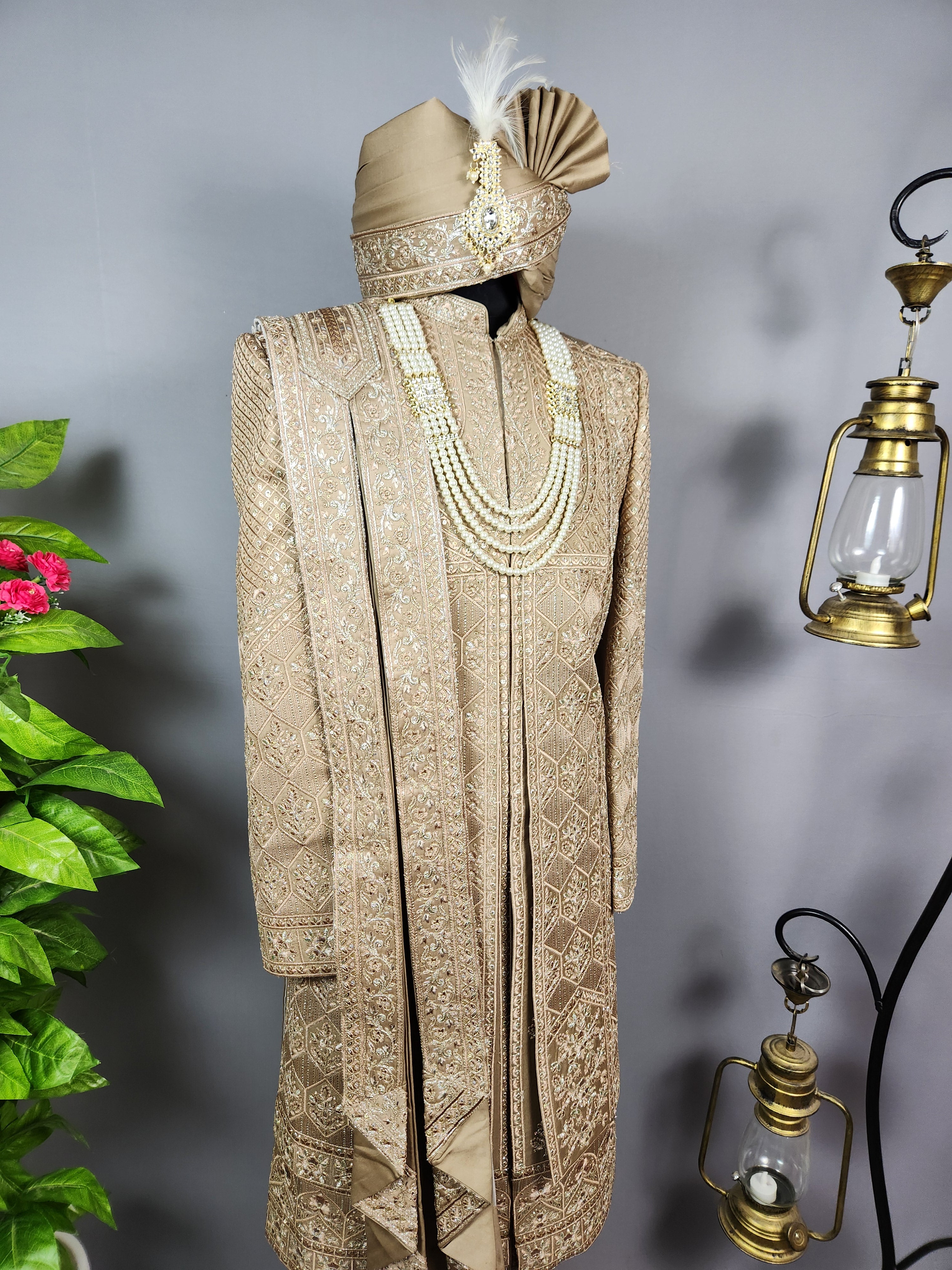 Golden Brown Groom Sherwani - Zari Embroidery | Sherwani For Men