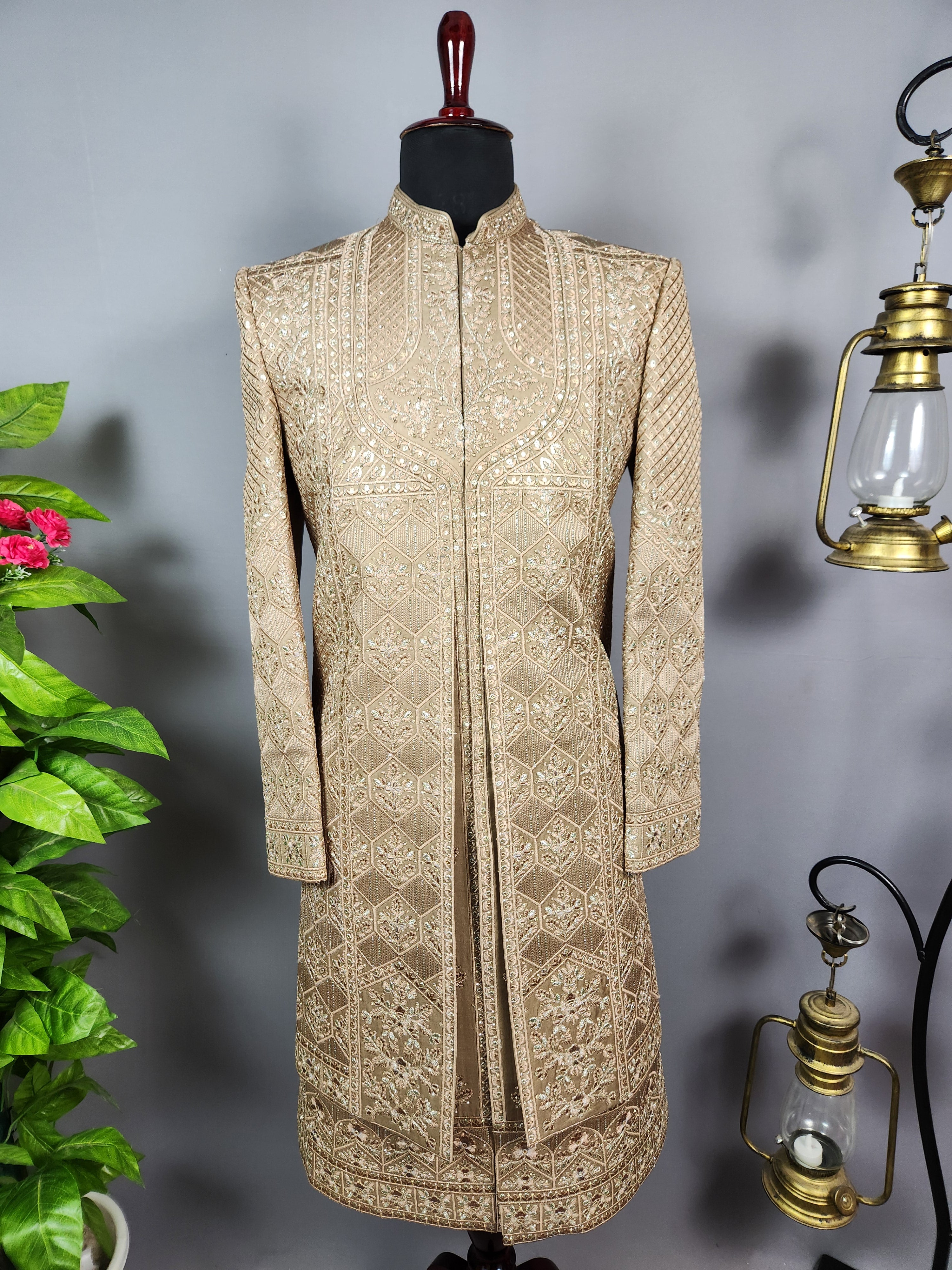 Golden Brown Groom Sherwani - Zari Embroidery | Sherwani For Men