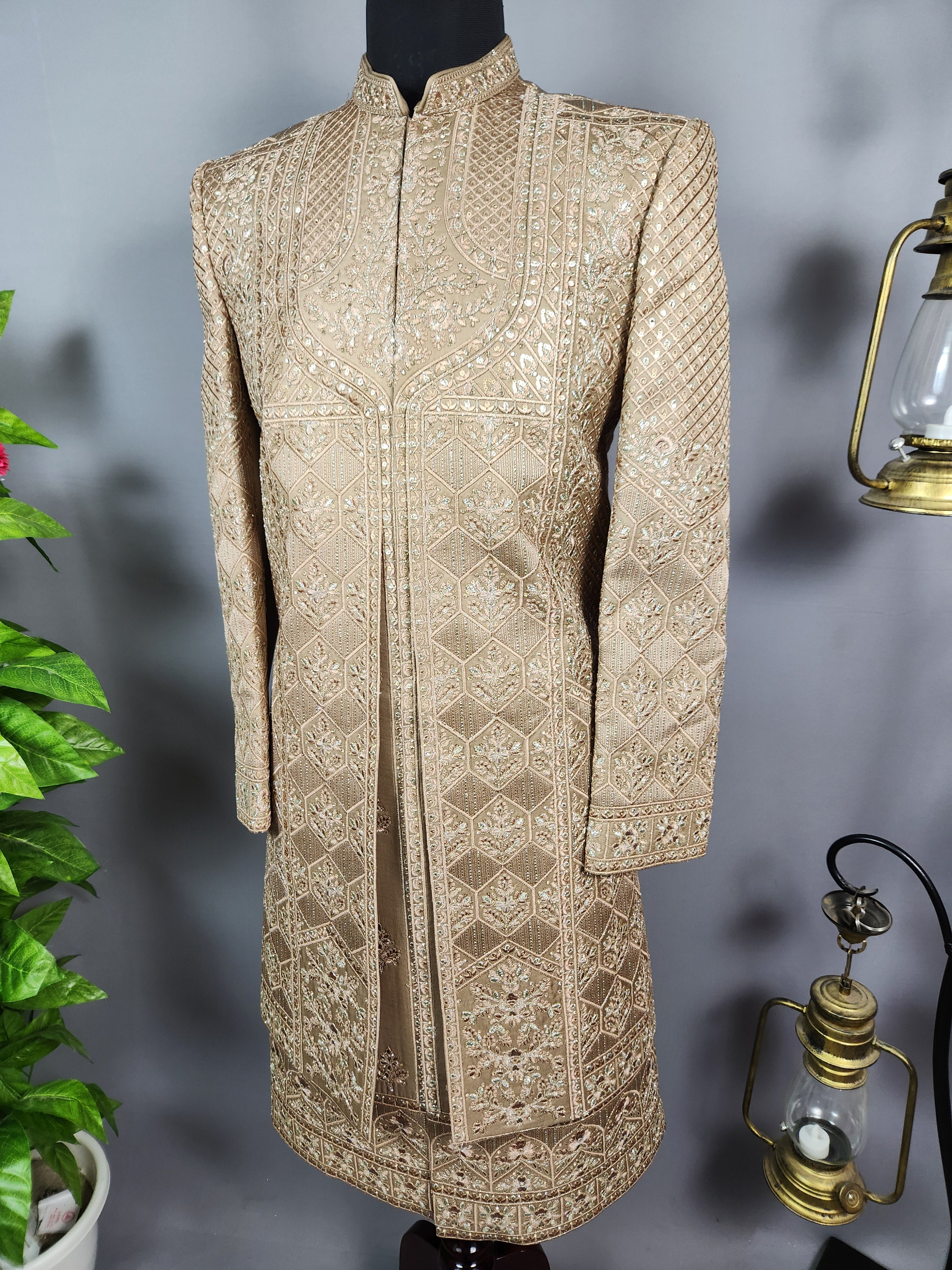 Golden Brown Groom Sherwani - Zari Embroidery | Sherwani For Men
