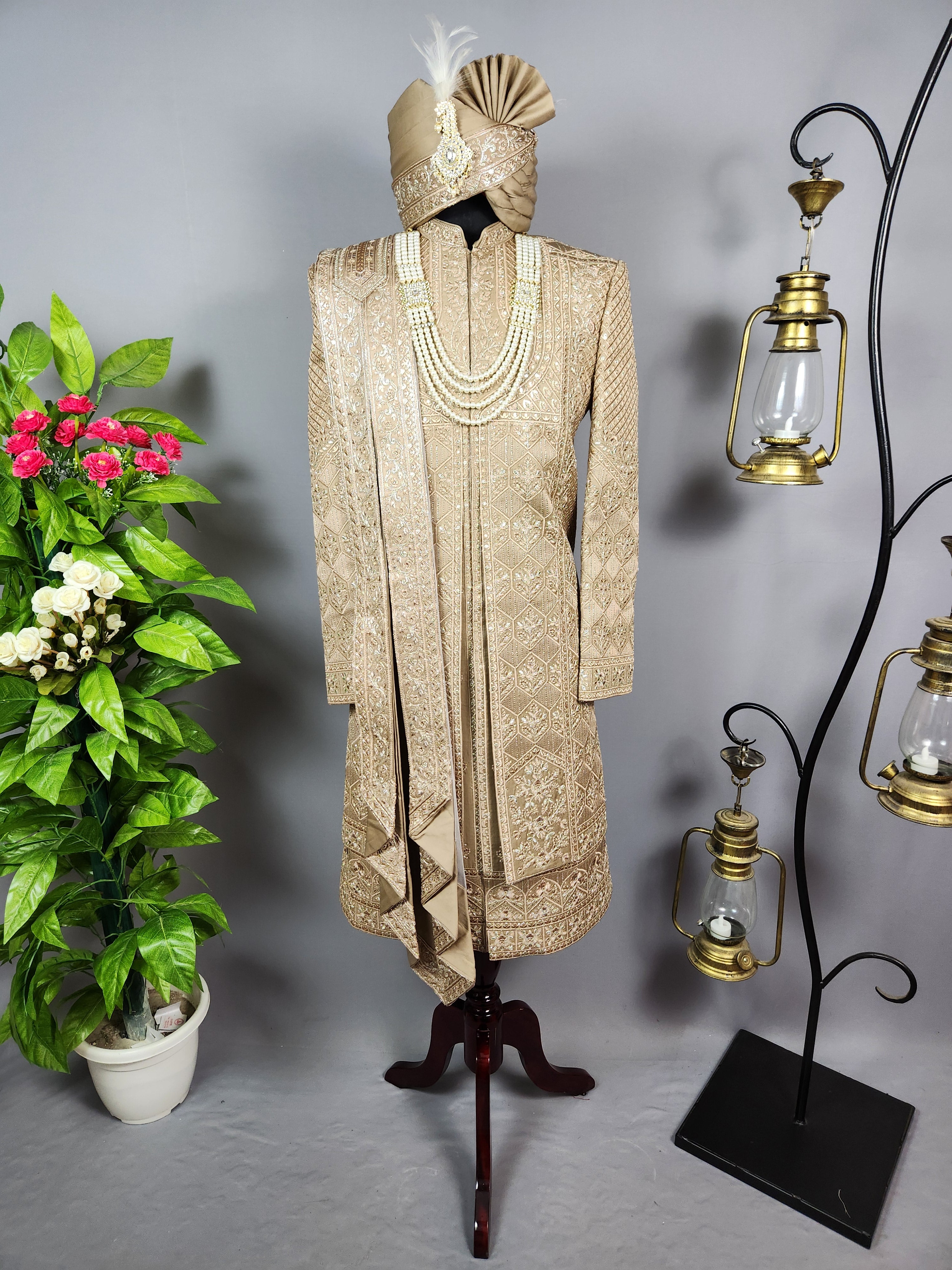 Golden Brown Groom Sherwani - Zari Embroidery | Sherwani For Men