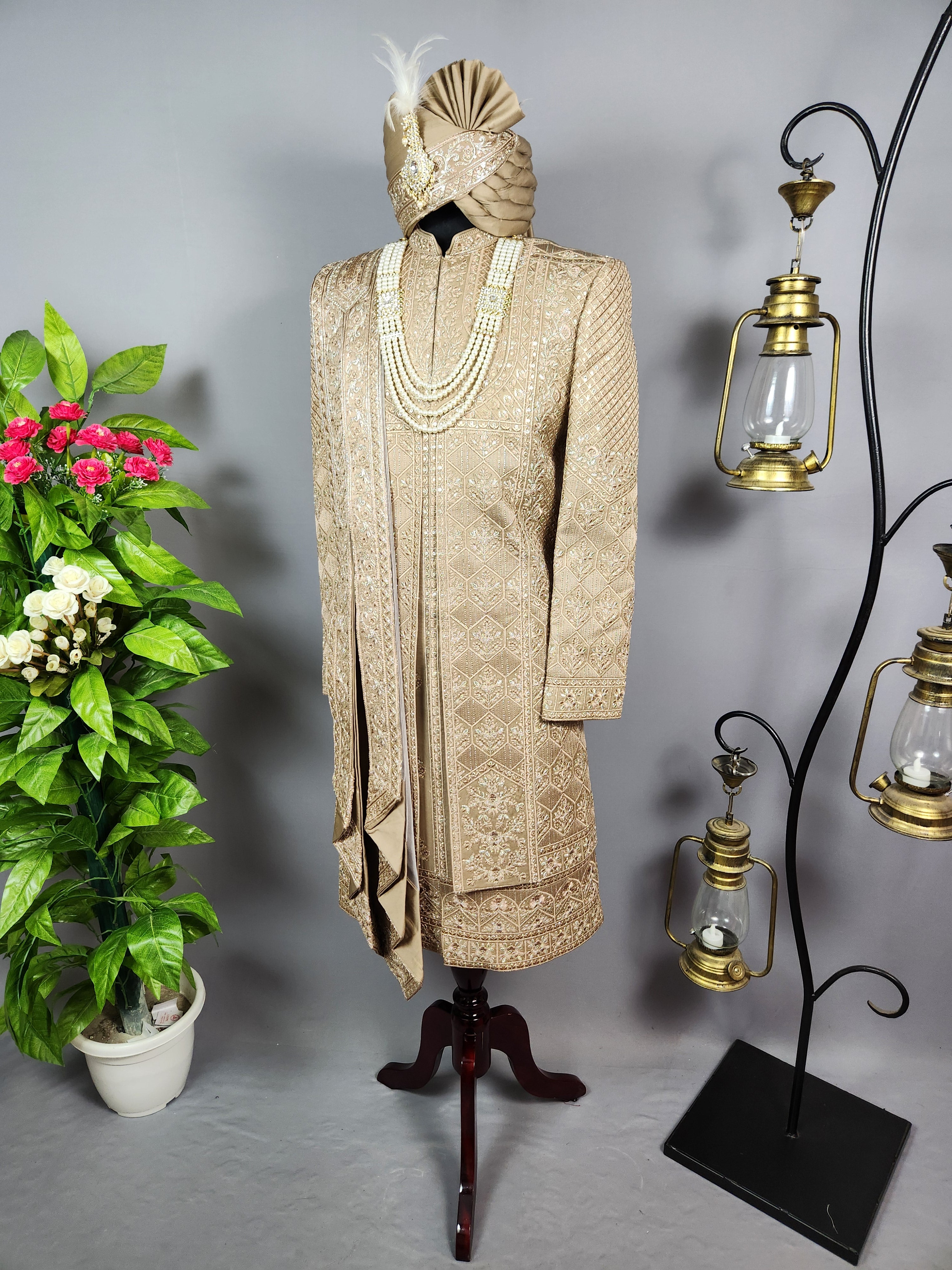 Golden Brown Groom Sherwani - Zari Embroidery | Sherwani For Men
