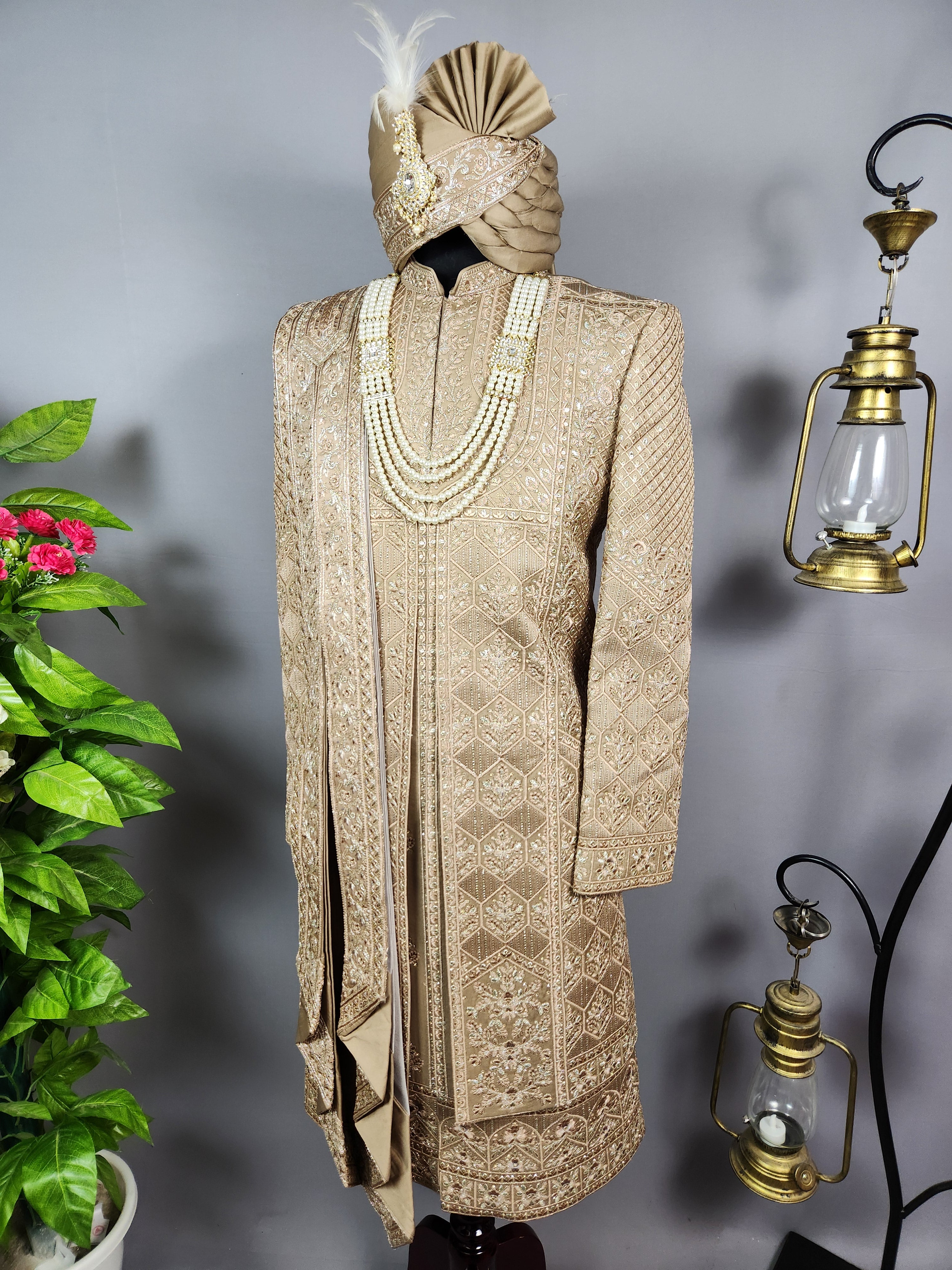Golden Brown Groom Sherwani - Zari Embroidery | Sherwani For Men