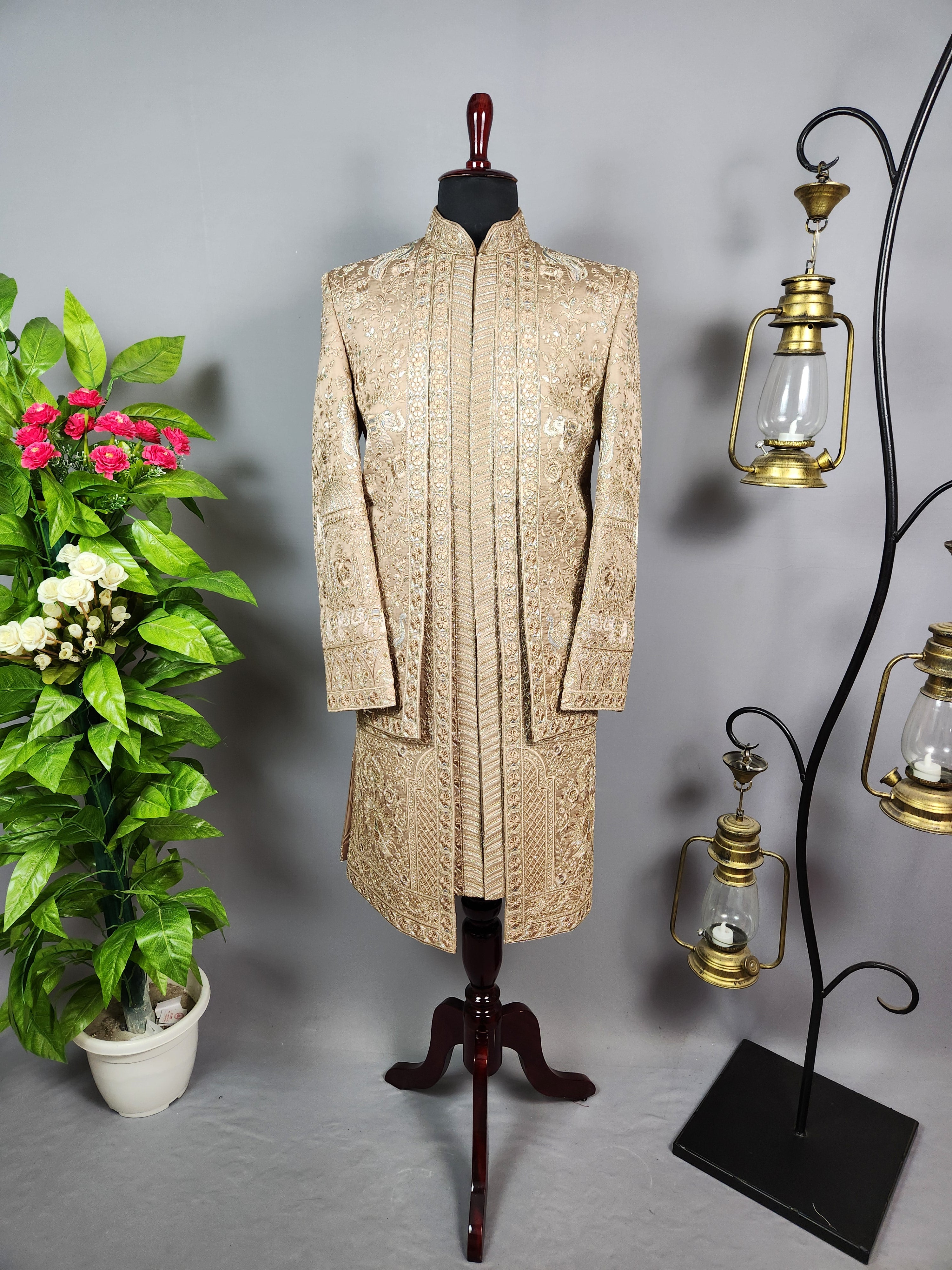Golden Brown Groom Sherwani - Zari Embroidery | Sherwani For Men