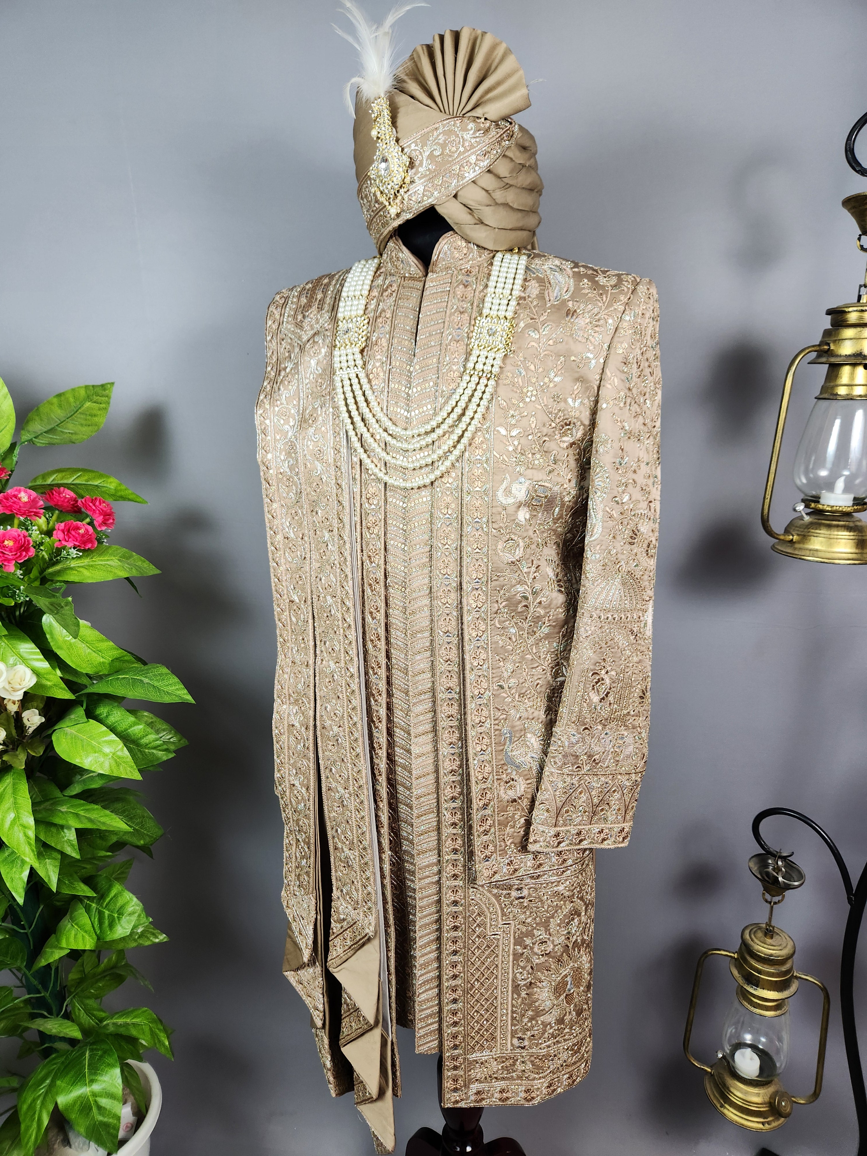 Golden Brown Groom Sherwani - Zari Embroidery | Sherwani For Men