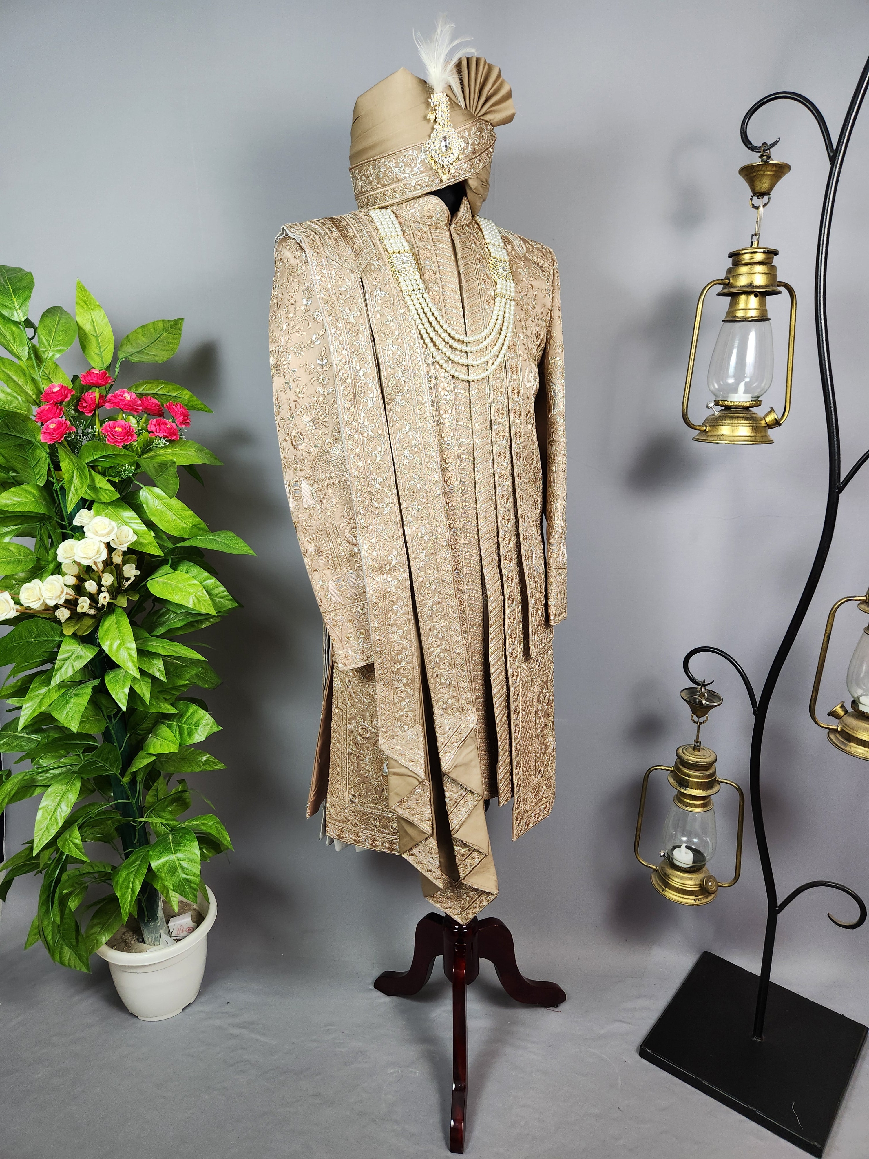 Golden Brown Groom Sherwani - Zari Embroidery | Sherwani For Men