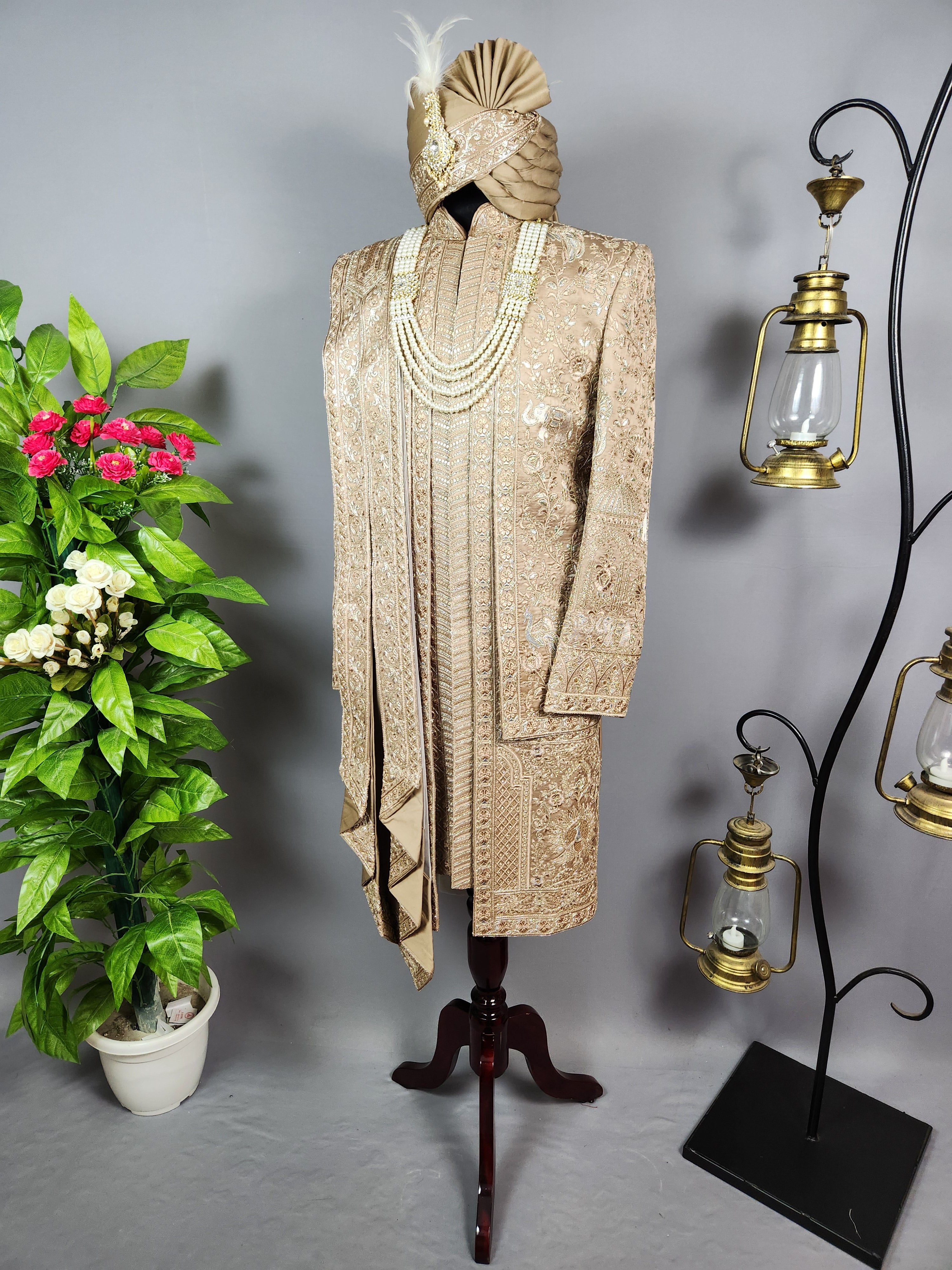 Golden Brown Groom Sherwani - Zari Embroidery | Sherwani For Men