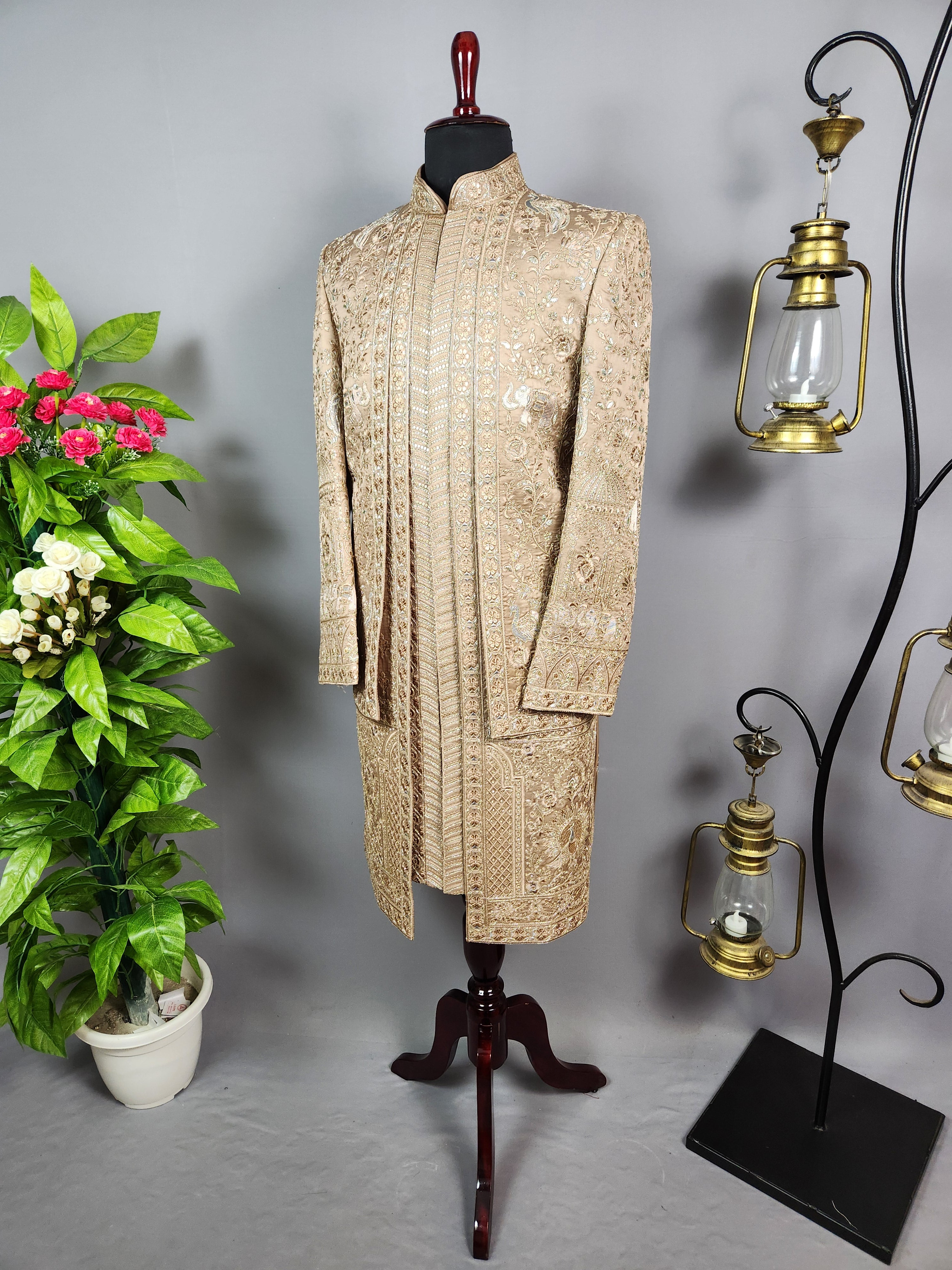 Golden Brown Groom Sherwani - Zari Embroidery | Sherwani For Men