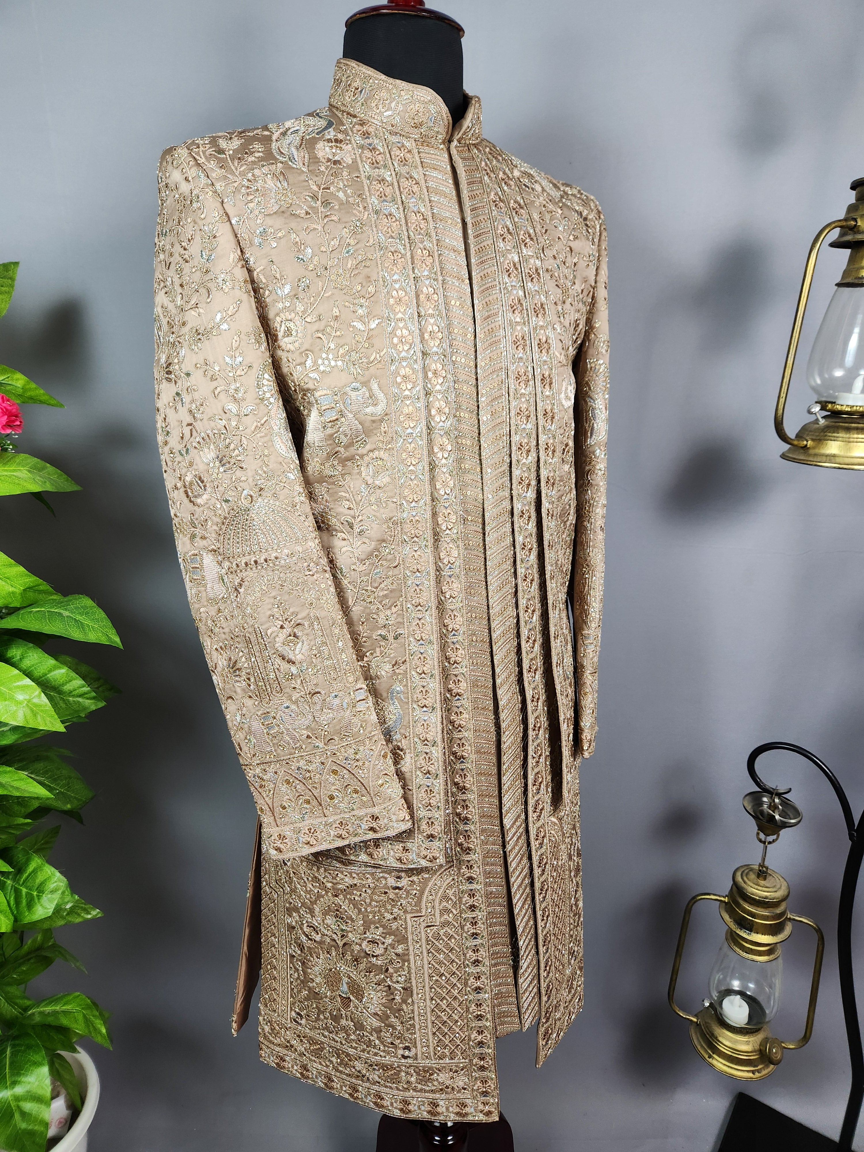 Golden Brown Groom Sherwani - Zari Embroidery | Sherwani For Men