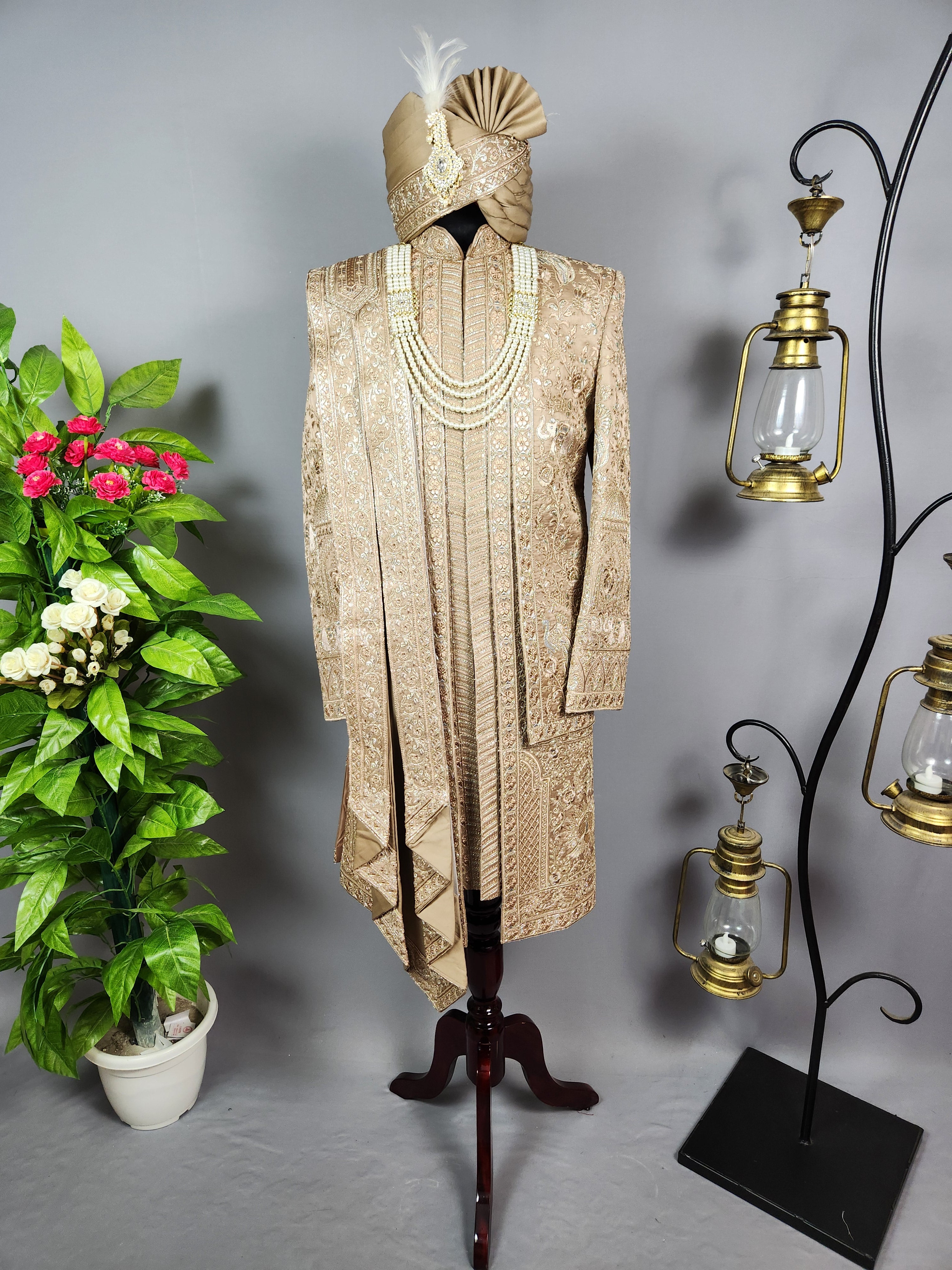 Golden Brown Groom Sherwani - Zari Embroidery | Sherwani For Men
