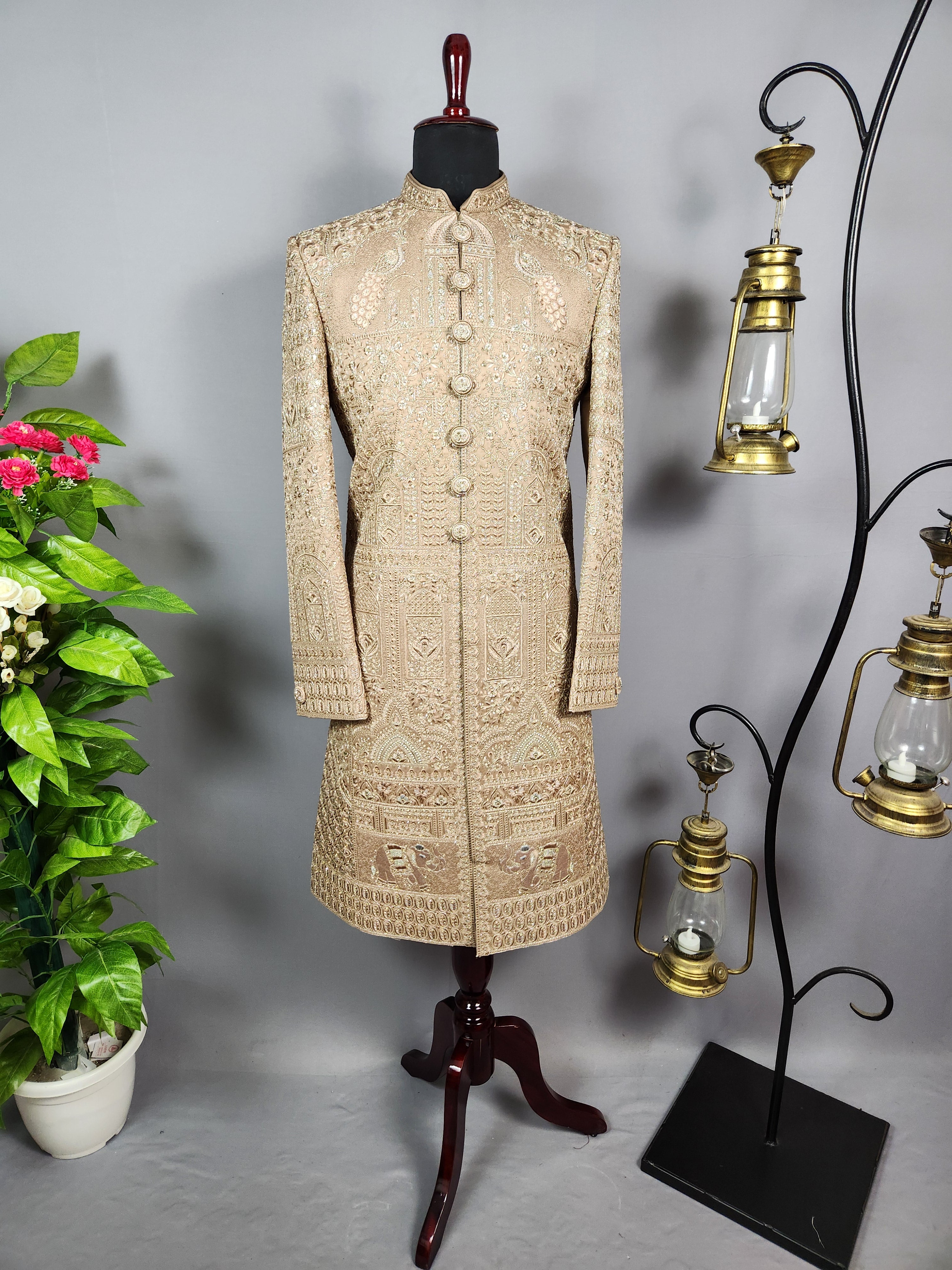 Golden Brown Groom Sherwani - Zari Embroidery | Sherwani For Men