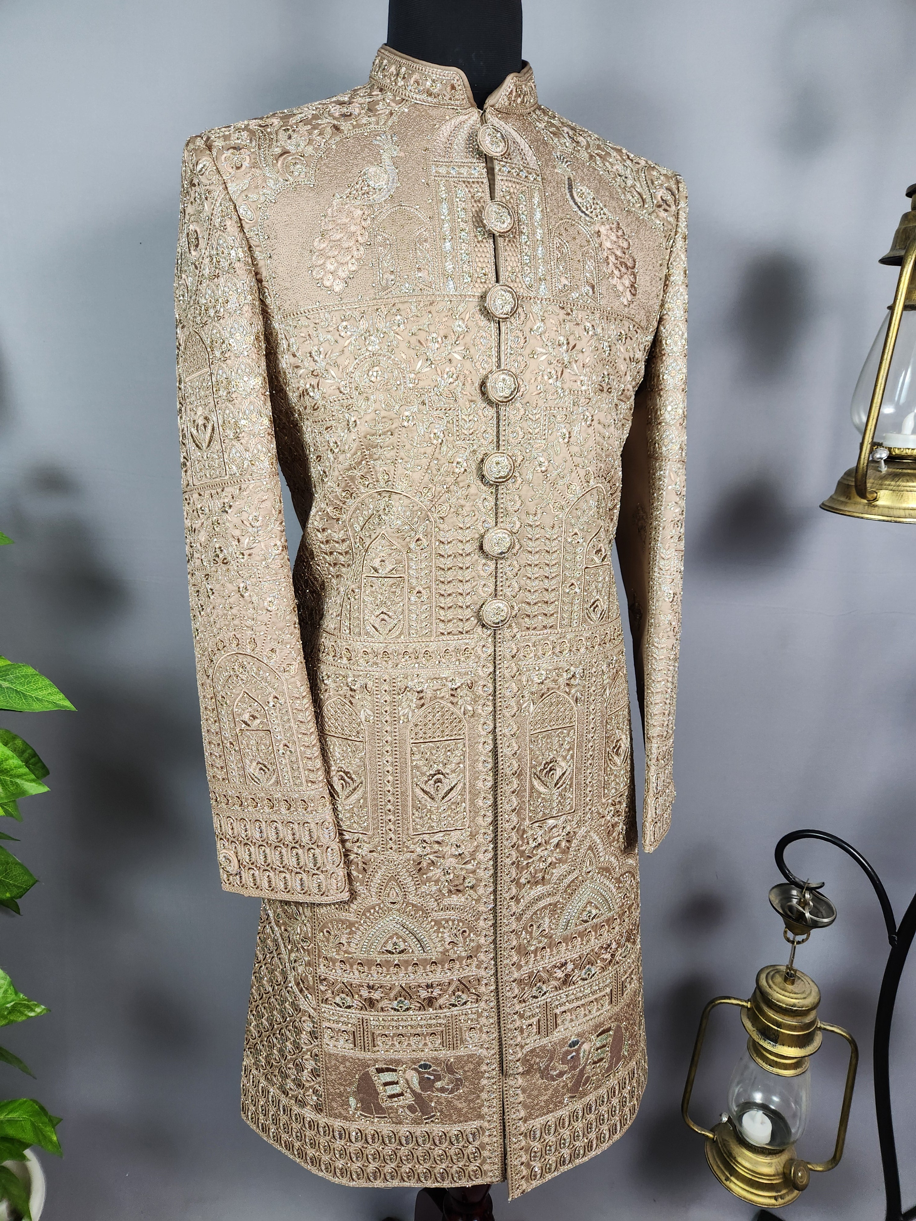 Golden Brown Groom Sherwani - Zari Embroidery | Sherwani For Men