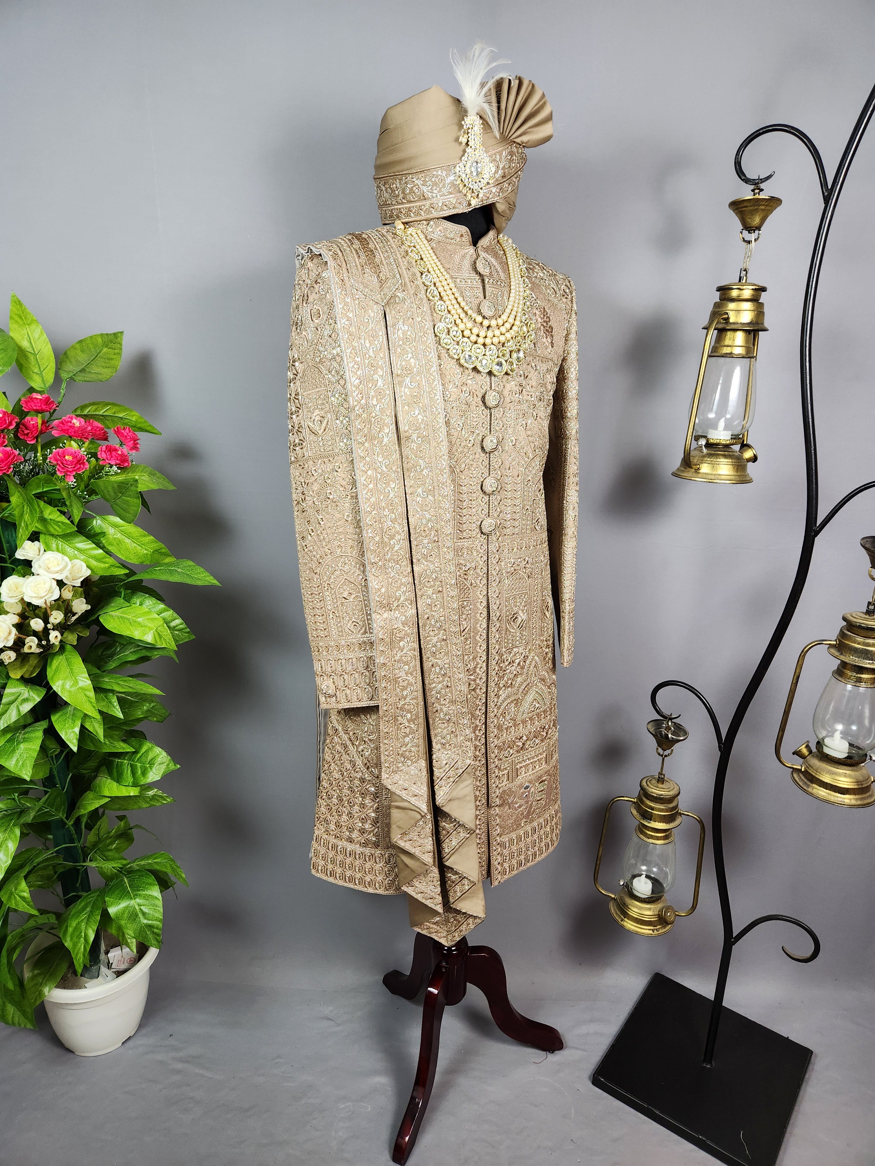 Golden Brown Groom Sherwani - Zari Embroidery | Sherwani For Men