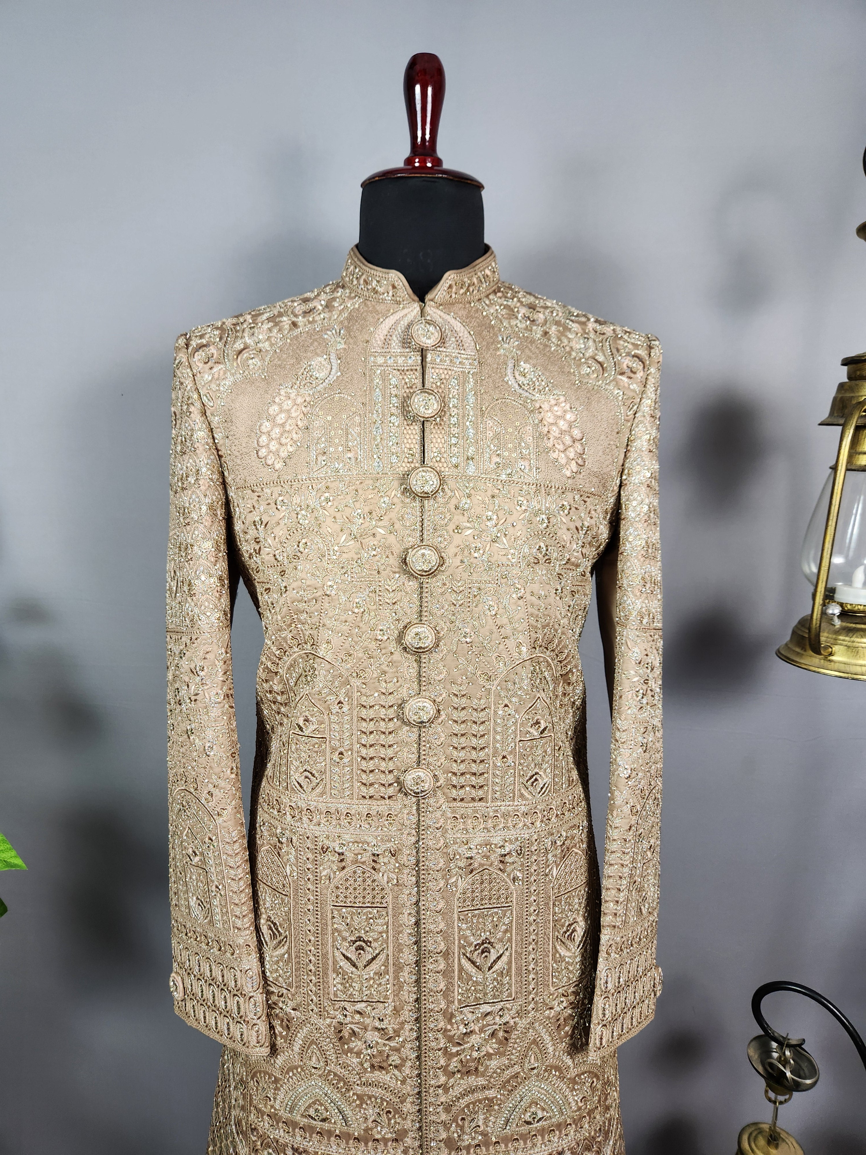 Golden Brown Groom Sherwani - Zari Embroidery | Sherwani For Men