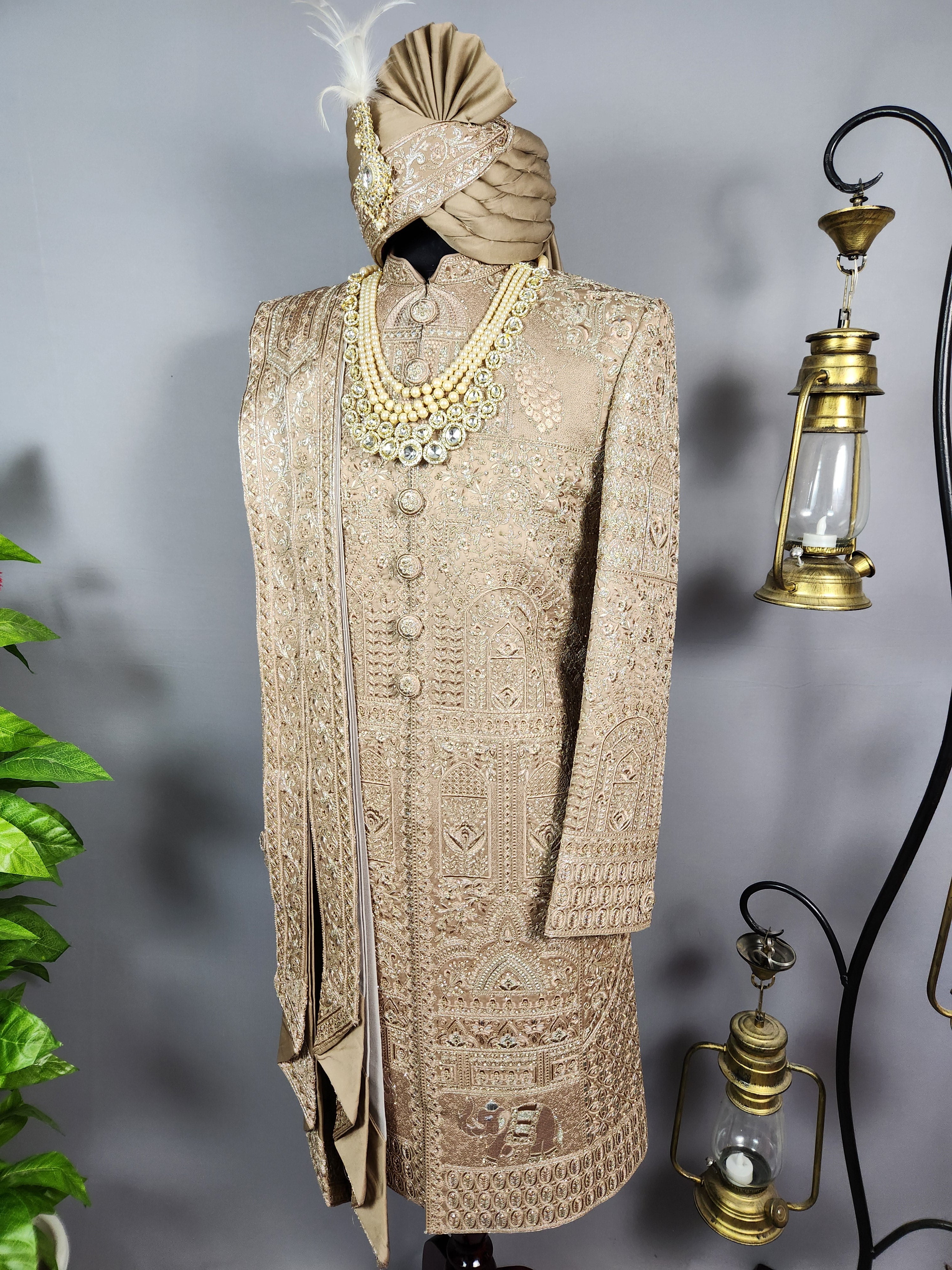 Golden Brown Groom Sherwani - Zari Embroidery | Sherwani For Men